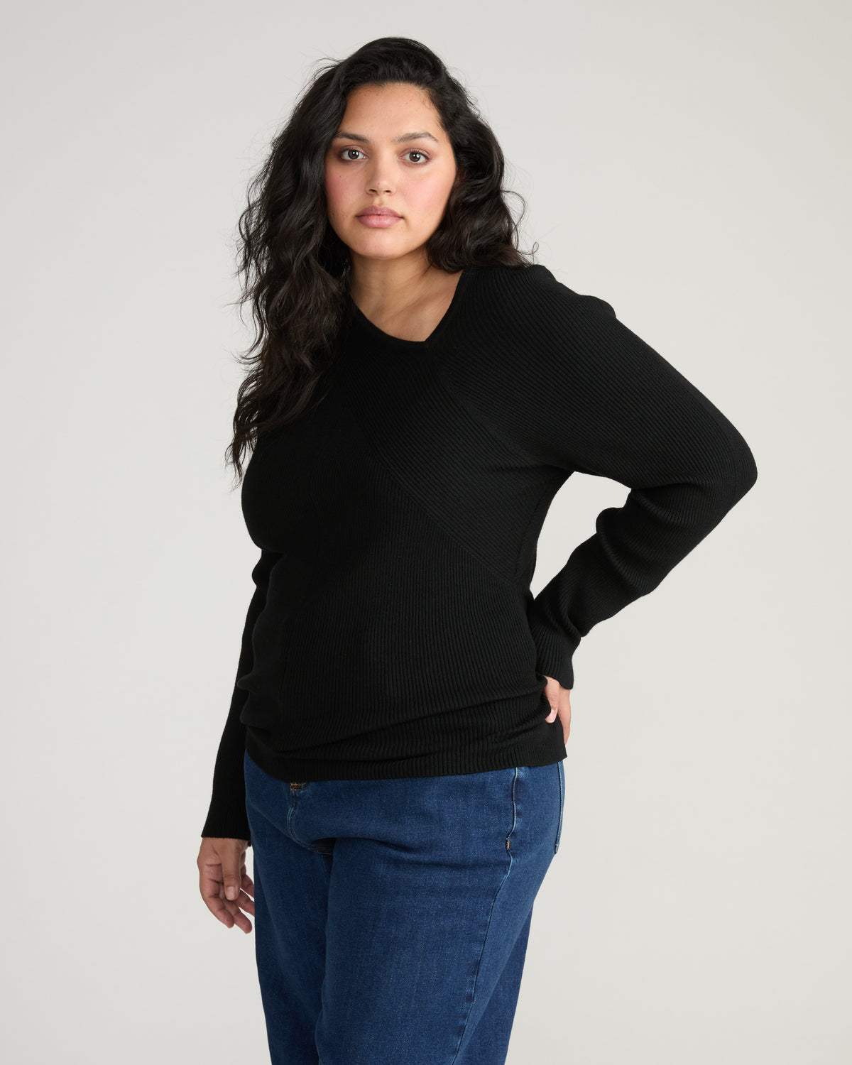Savvy Fine Rib Asymmetric Sweater - Black