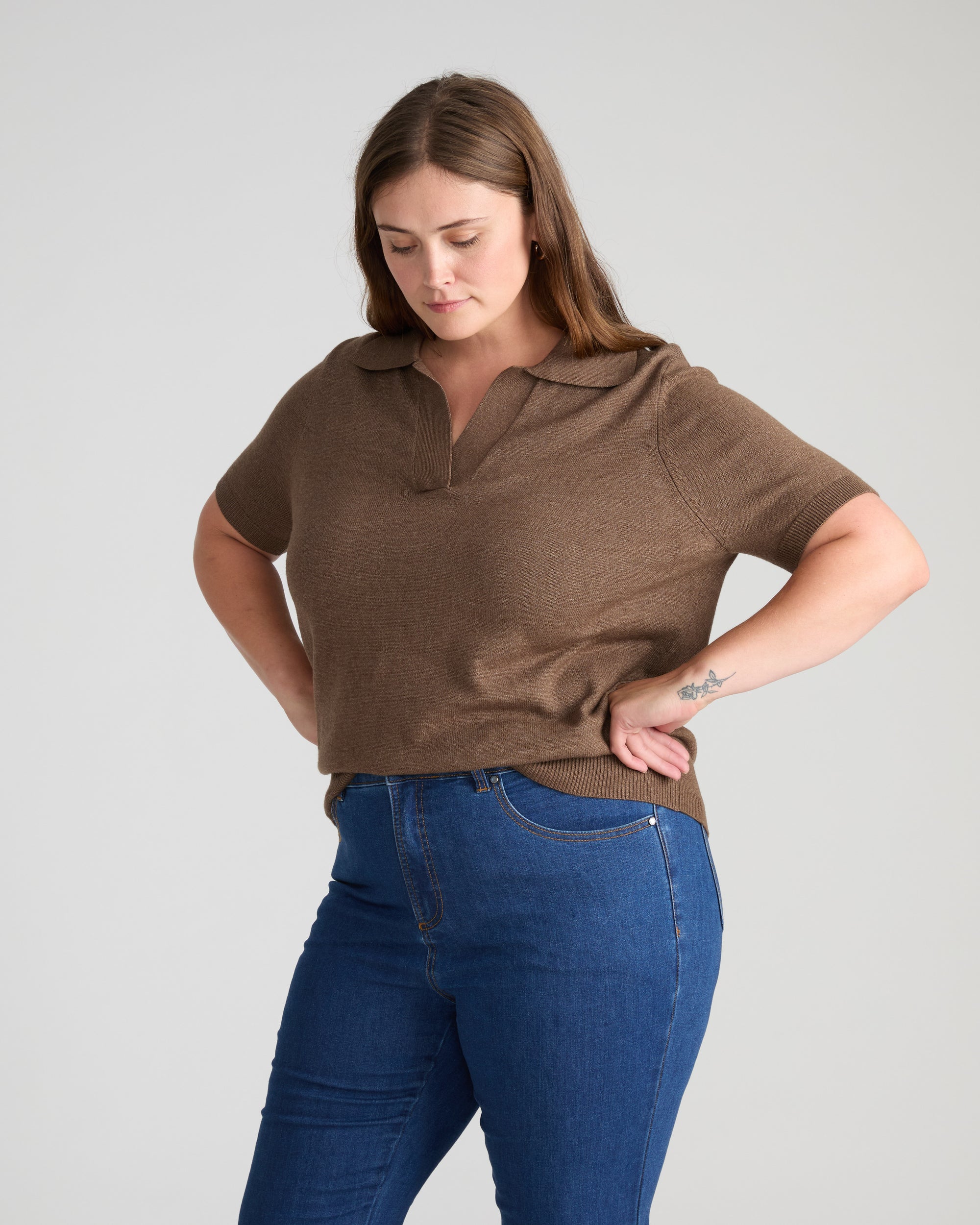 Savvy Fine Knit Short Sleeve Polo Sweater - Winter Fawn | Plus Size & Straight Size Women's Fashion | Universal Standard