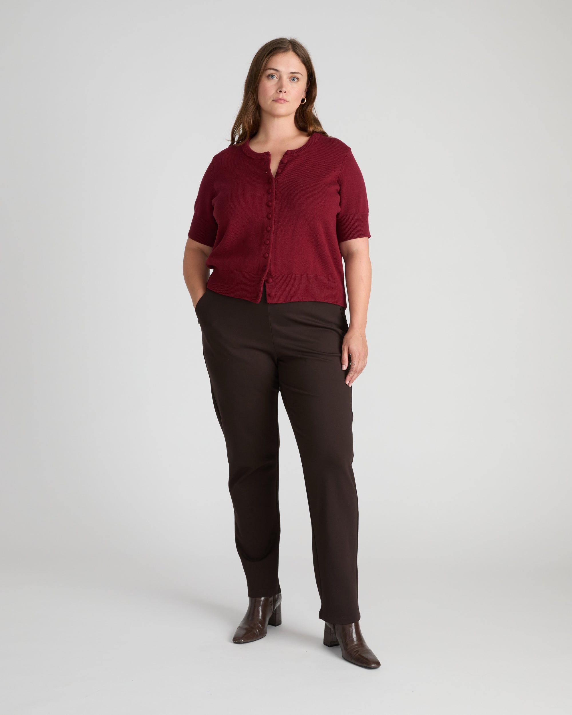 Soft Spun Short Sleeve Cardigan - Deep Red | Plus Size & Straight Size Women's Fashion | Universal Standard
