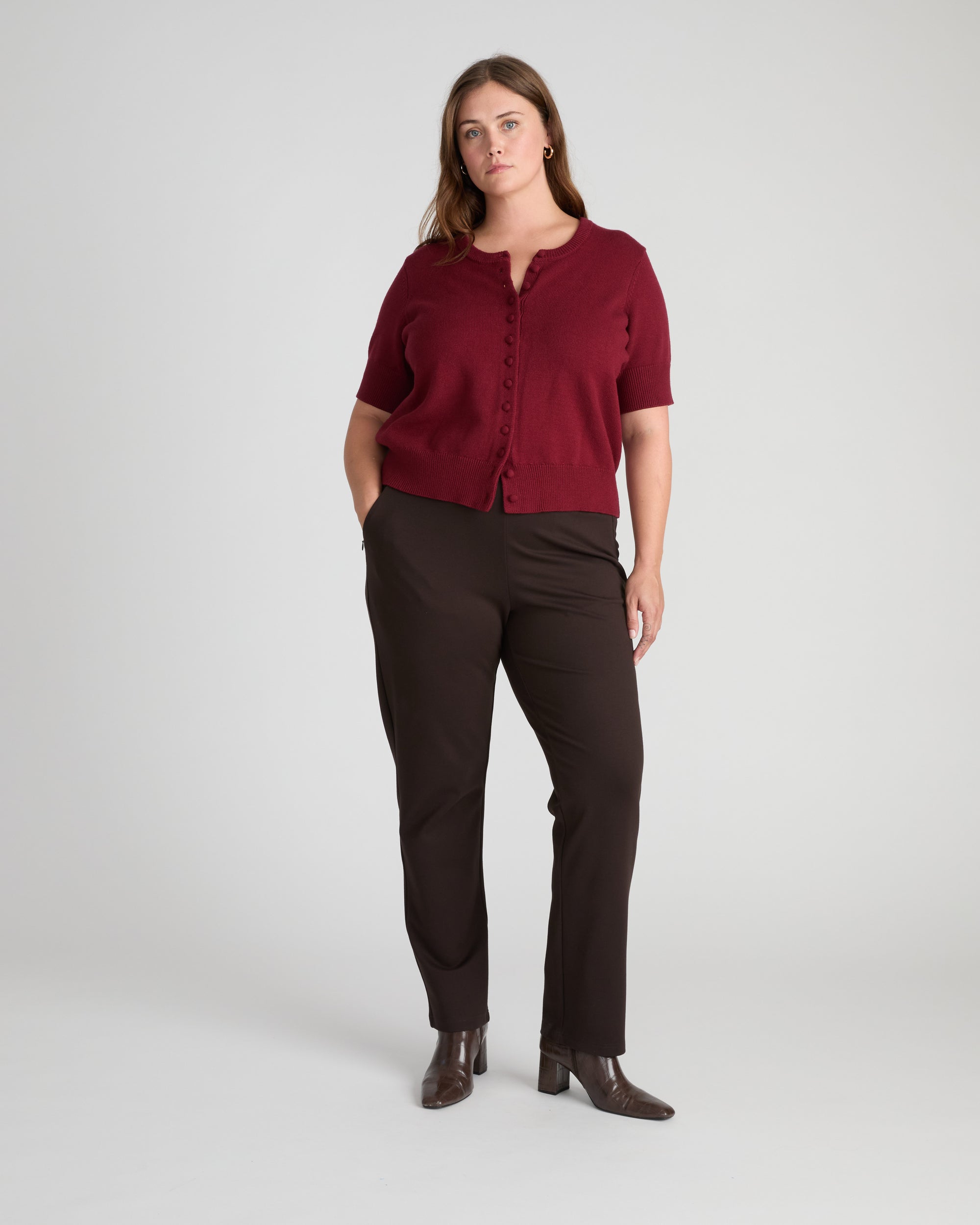 Soft Spun Short Sleeve Cardigan - Deep Red | Plus Size & Straight Size Women's Fashion | Universal Standard