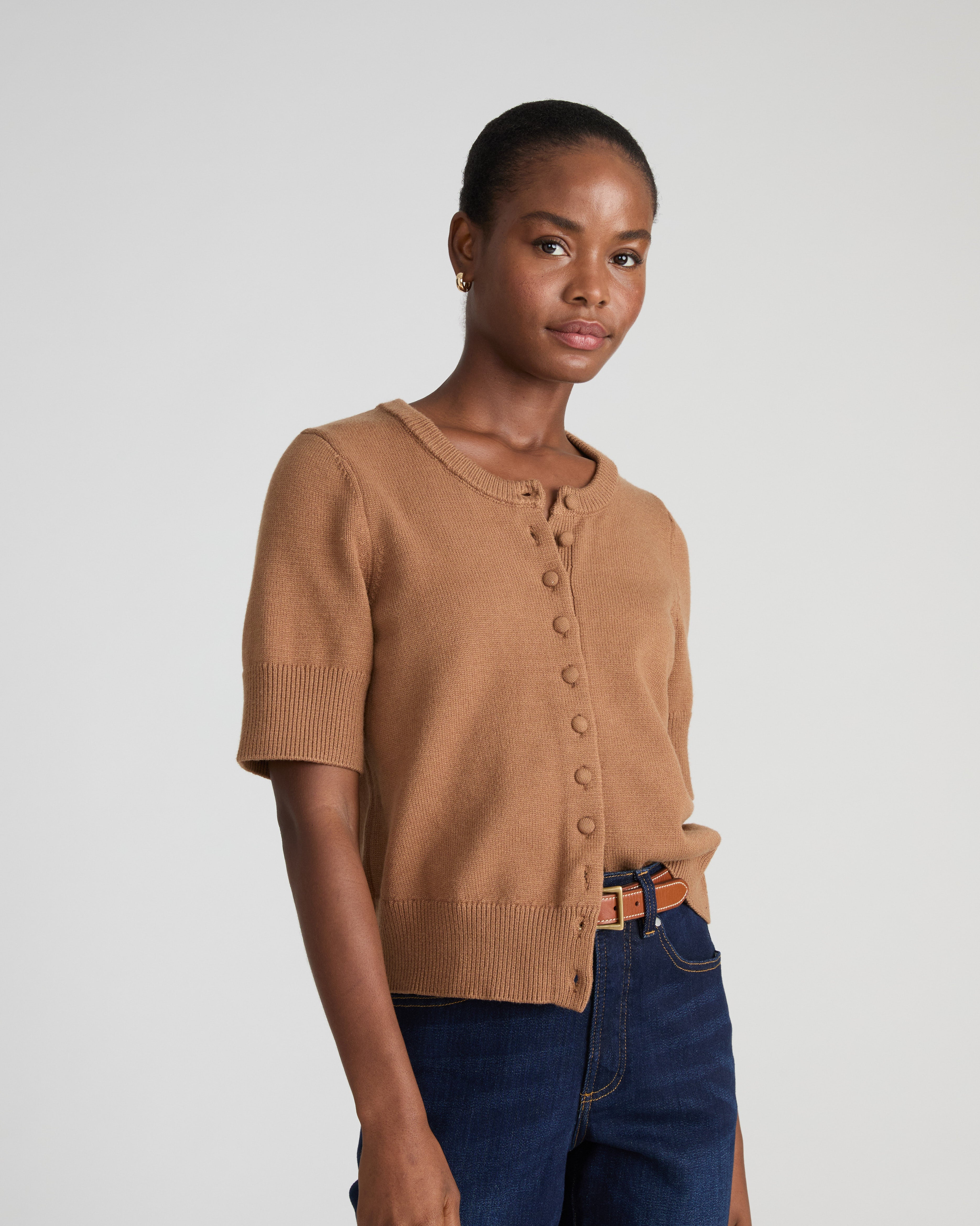 Soft Spun Short Sleeve Cardigan - Classic Camel – Universal Standard