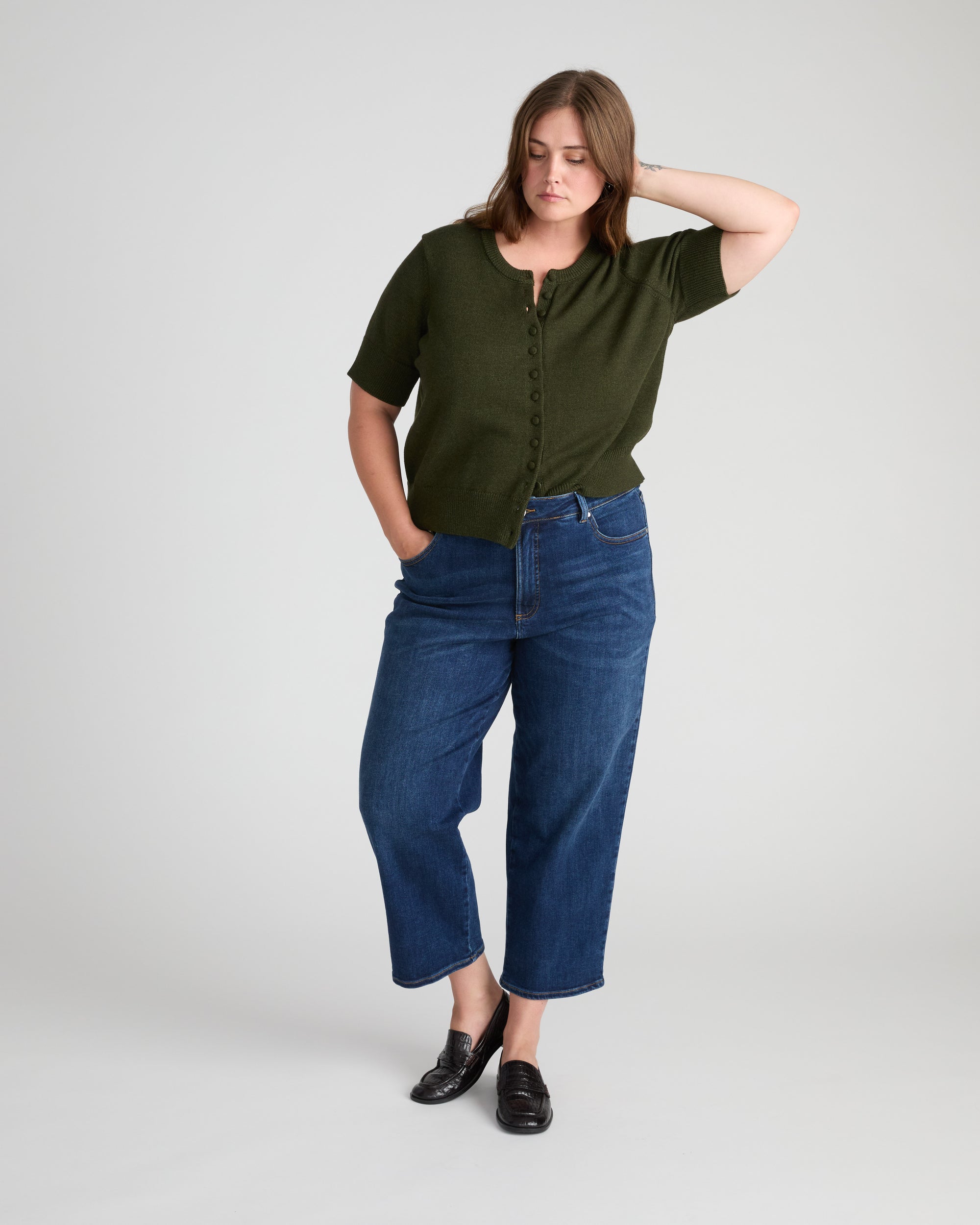 Soft Spun Short Sleeve Cardigan - Deep Moss | Plus Size & Straight Size Women's Fashion | Universal Standard
