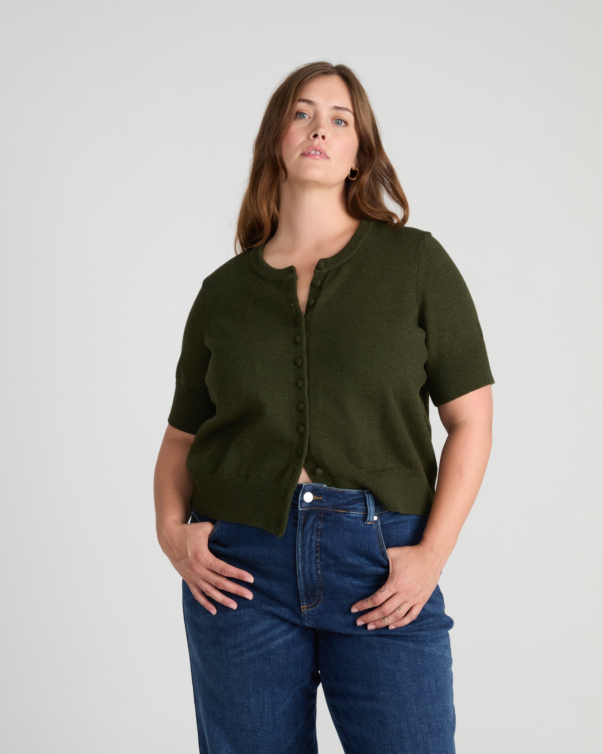 Soft Spun Short Sleeve Cardigan - Deep Moss | Plus Size & Straight Size Women's Fashion | Universal Standard