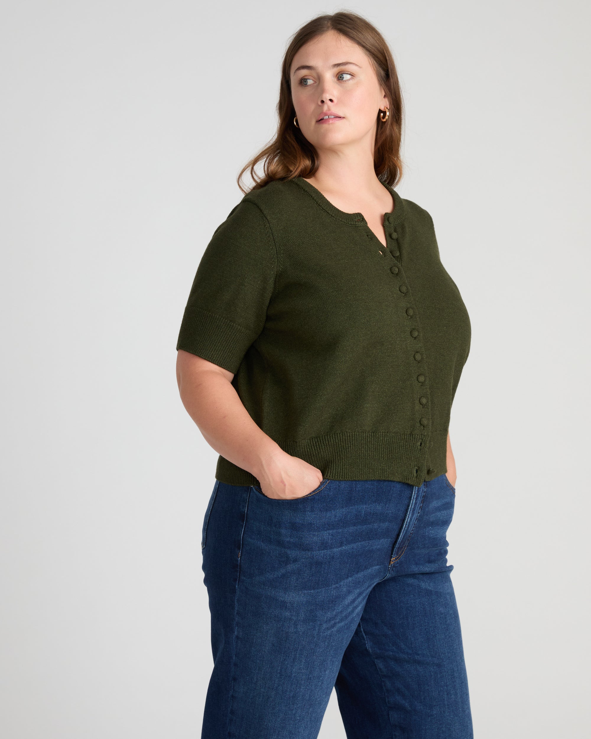Soft Spun Short Sleeve Cardigan - Deep Moss | Plus Size & Straight Size Women's Fashion | Universal Standard
