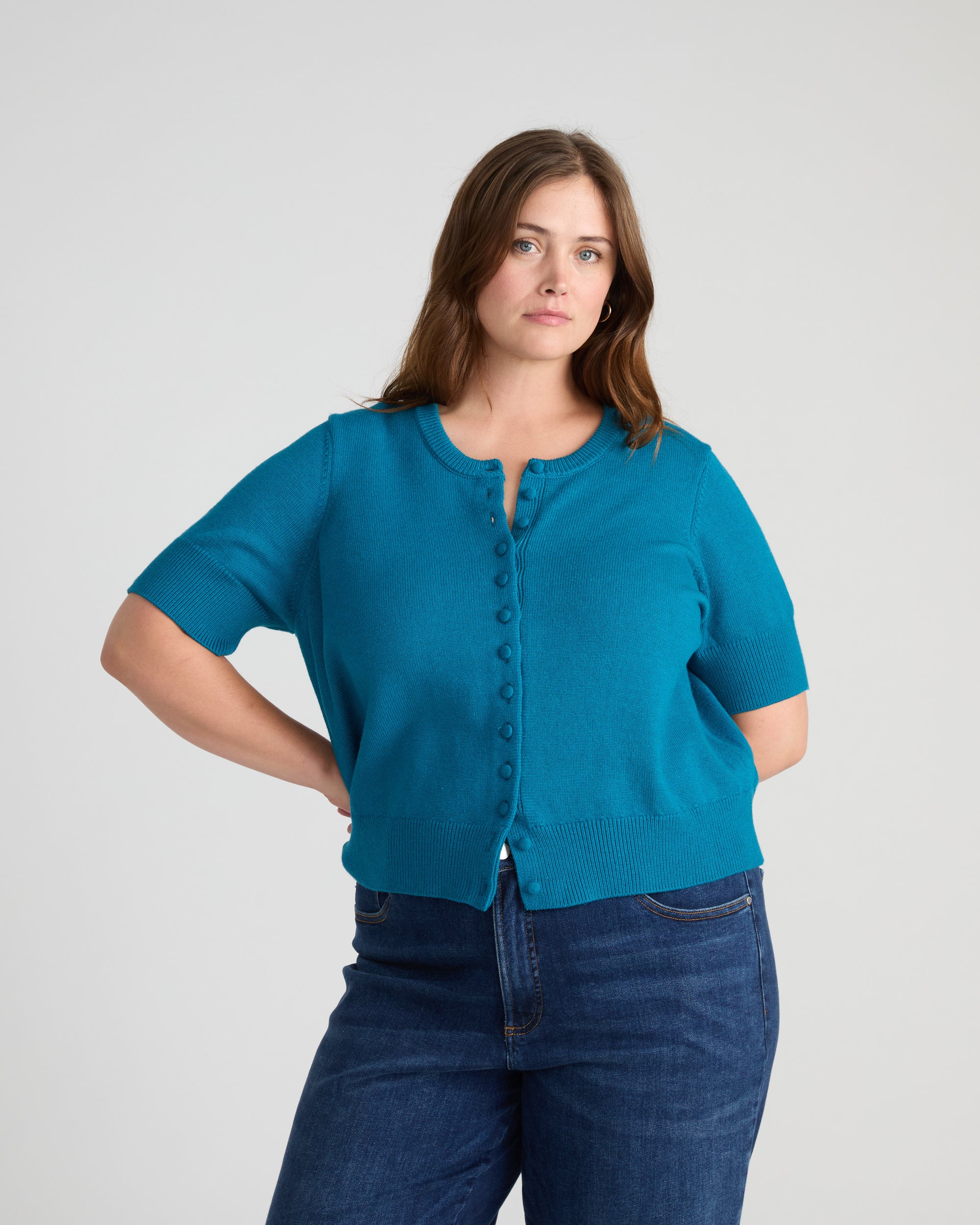 Soft Spun Short Sleeve Cardigan - Deep Teal | Plus Size & Straight Size Women's Fashion | Universal Standard