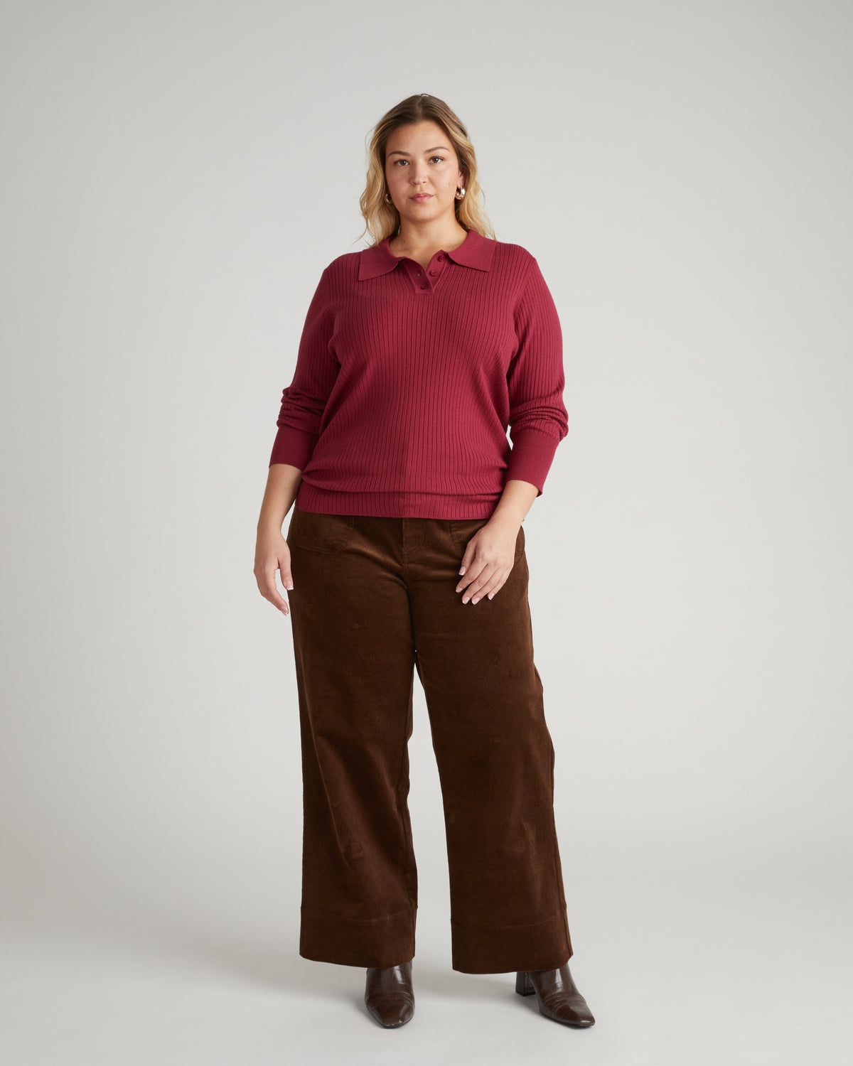 Savvy Fine Ribbed Polo Sweater - Red Plum | Plus Size & Straight Size Women's Fashion | Universal Standard