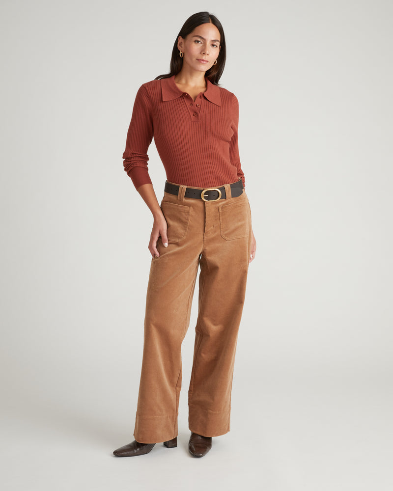 Savvy Fine Ribbed Polo Sweater - Cognac | Plus Size & Straight Size Women's Fashion | Universal Standard