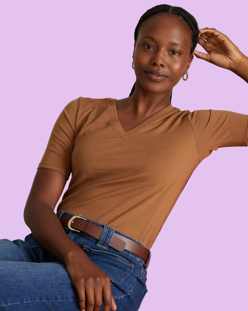 Maia Stovepipe Sleeve V Neck Tee - Classic Camel