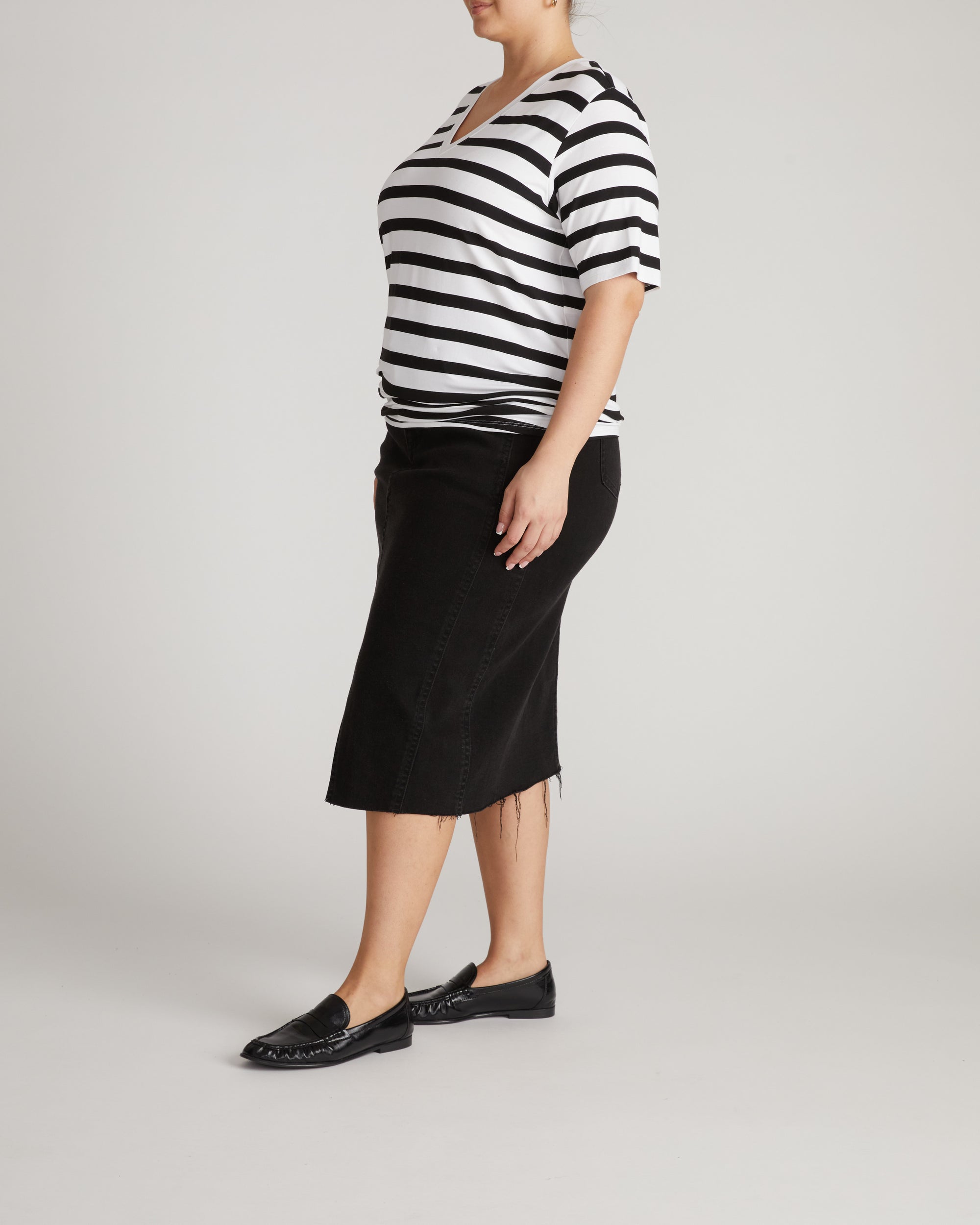 Maia Stovepipe Sleeve V Neck Tee - Black/White Stripe | Plus Size & Straight Size Women's Fashion | Universal Standard