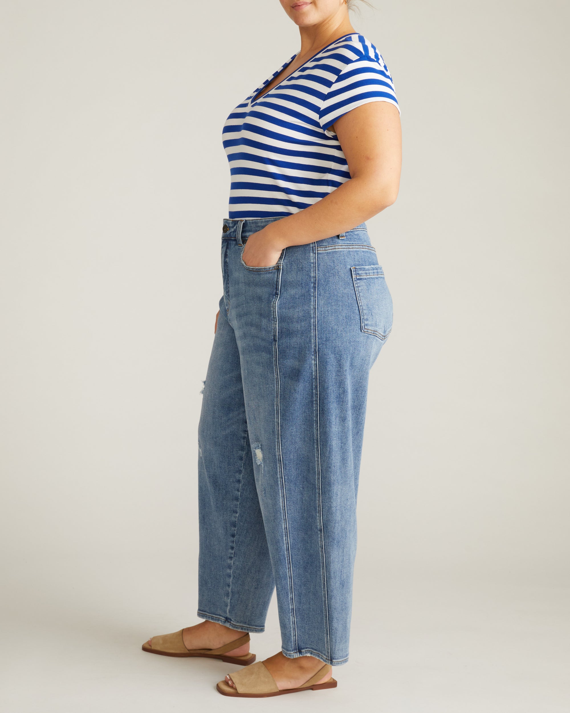Ashley V Neck Cap Sleeve Tee - Hammersmith Blue/White Stripe | Plus Size & Straight Size Women's Fashion | Universal Standard