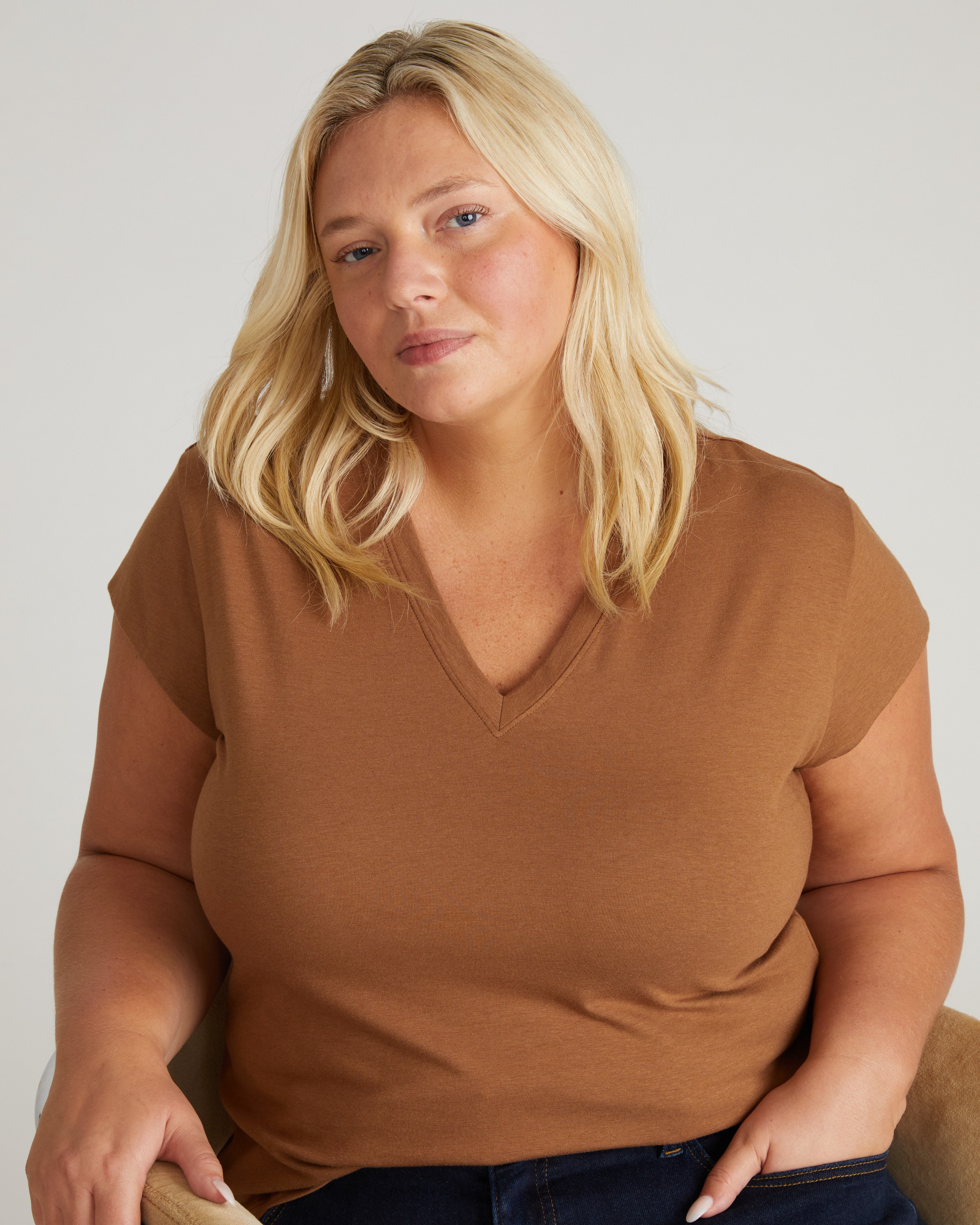 Ashley V Neck Cap Sleeve Tee - Classic Camel – Universal Standard