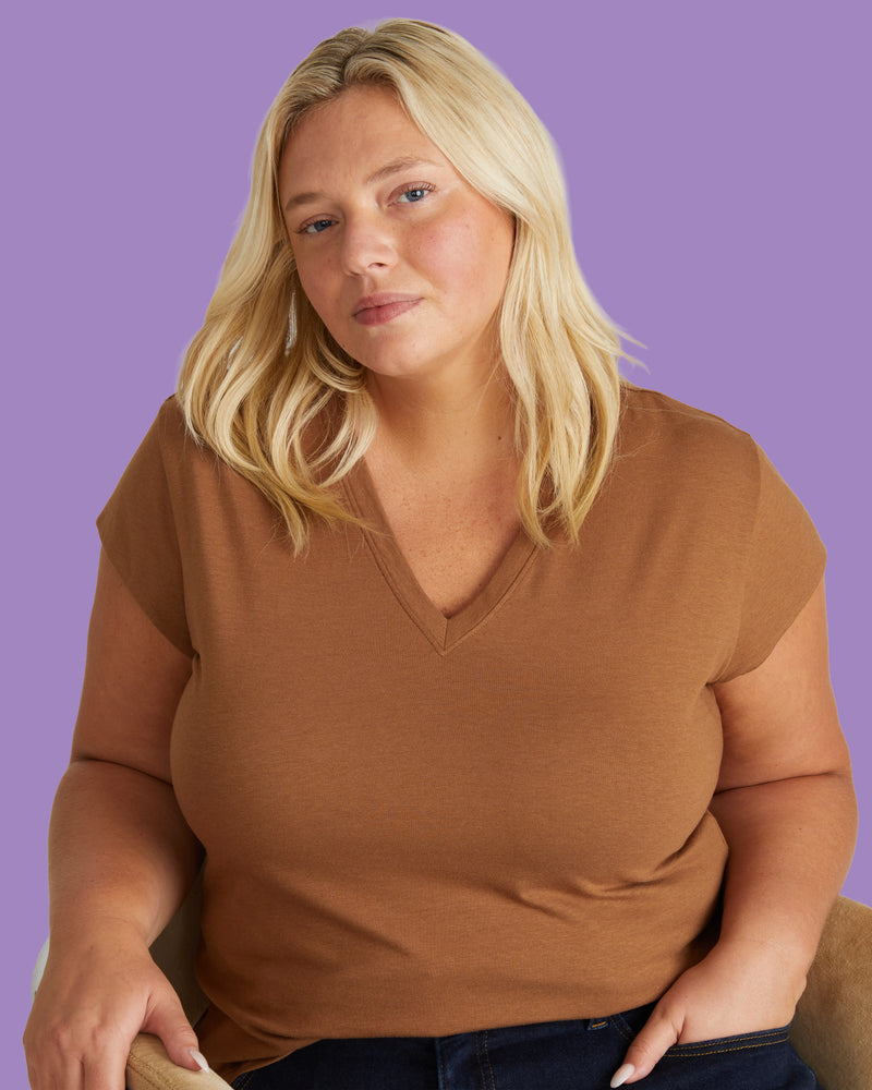 Ashley V Neck Cap Sleeve Tee - Classic Camel