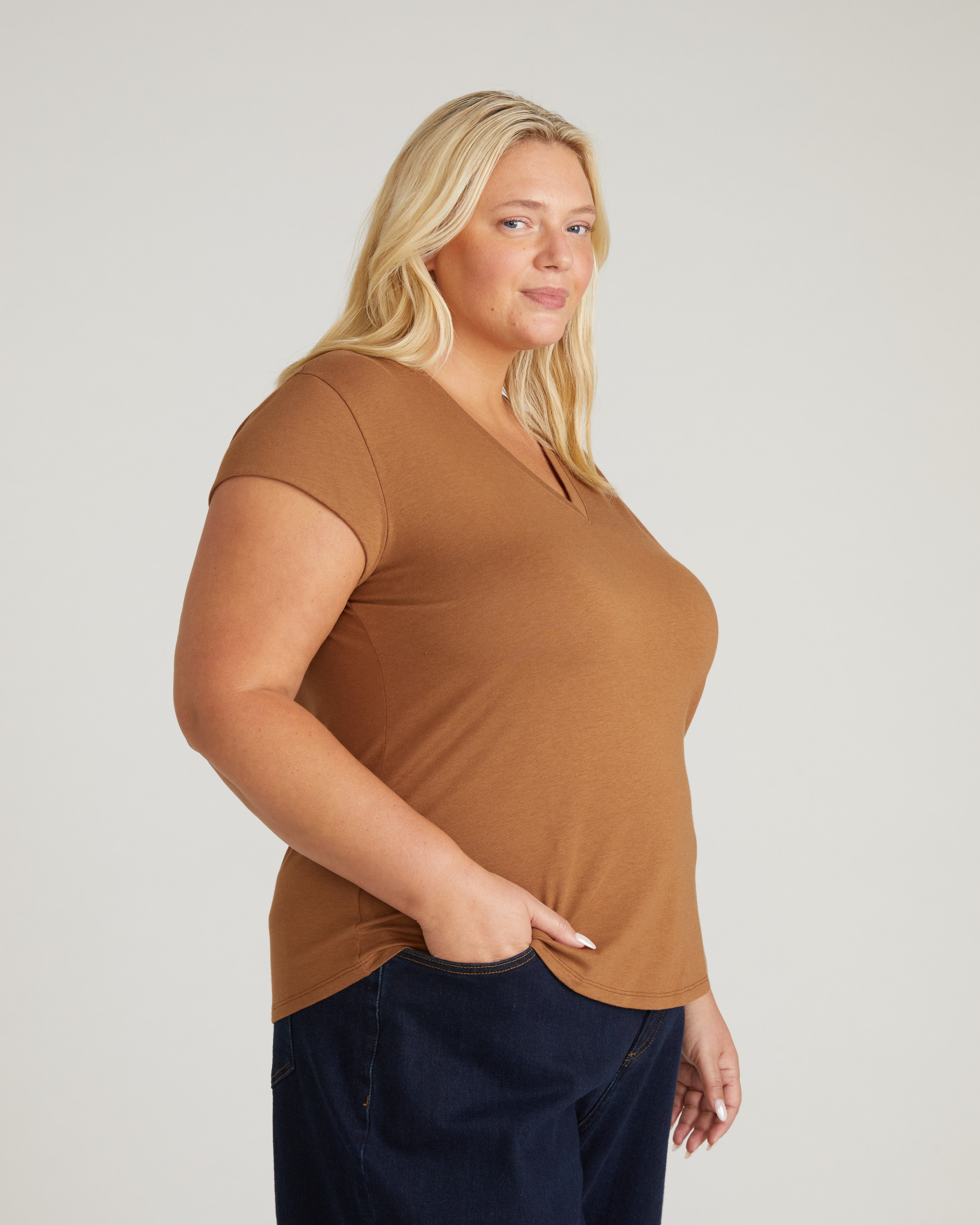 Ashley V Neck Cap Sleeve Tee - Classic Camel – Universal Standard