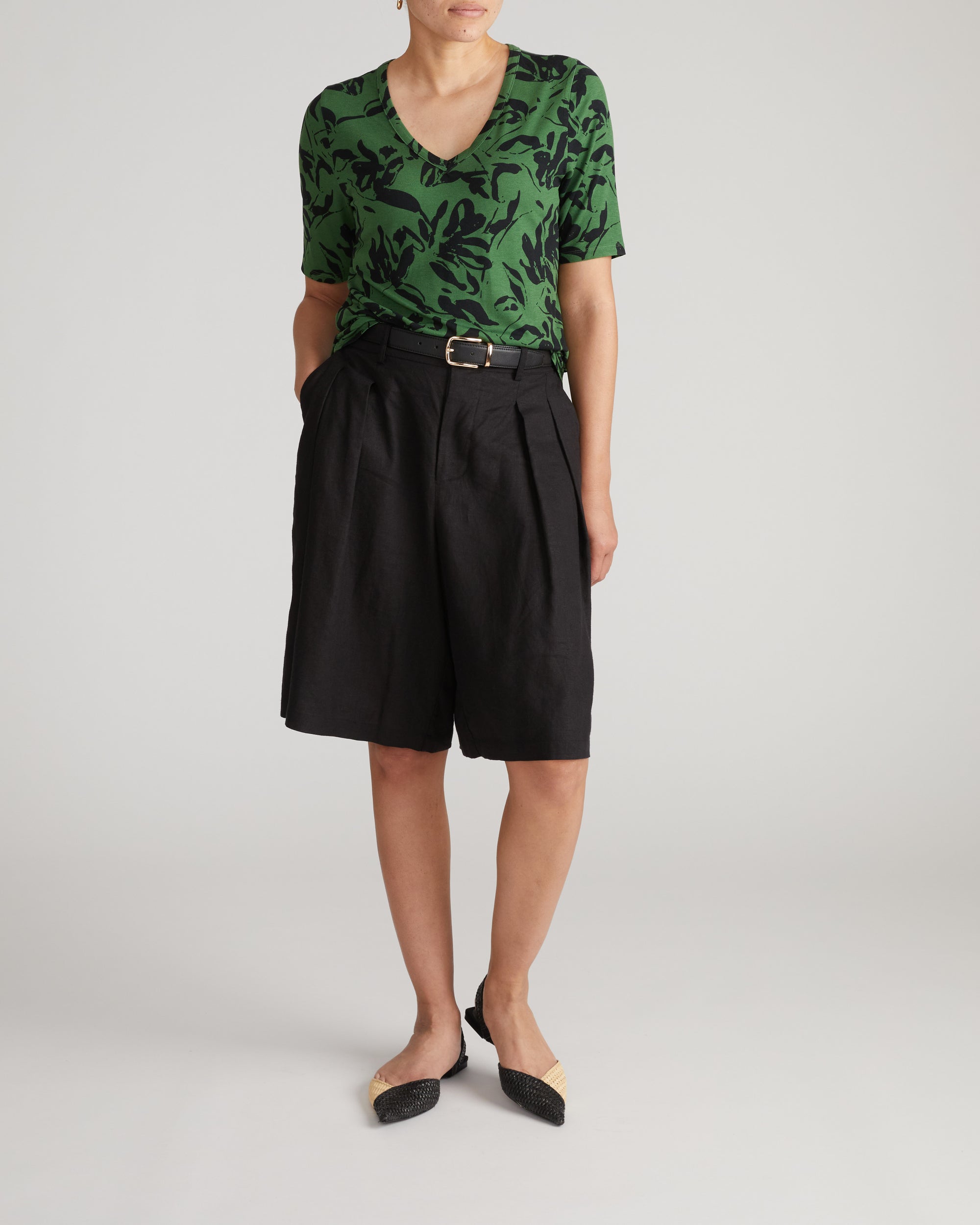 Lily Liquid Jersey V-Neck Stovepipe Tee - Green Sgrafitto Print | Plus Size & Straight Size Women's Fashion | Universal Standard