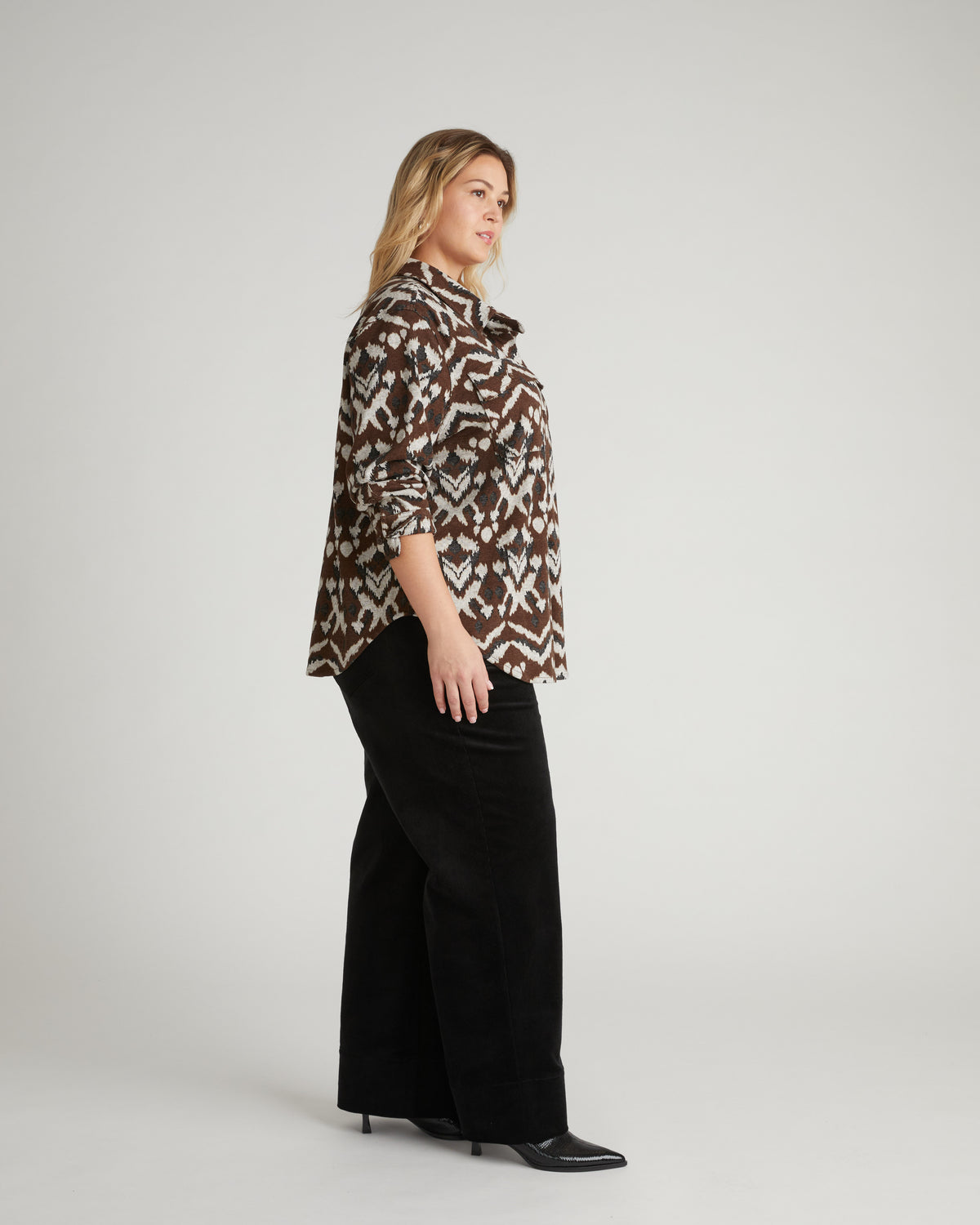 Maine Stretch Flannel Shirt - Chocolate Ikat Jacquard | Plus Size & Straight Size Women's Fashion | Universal Standard