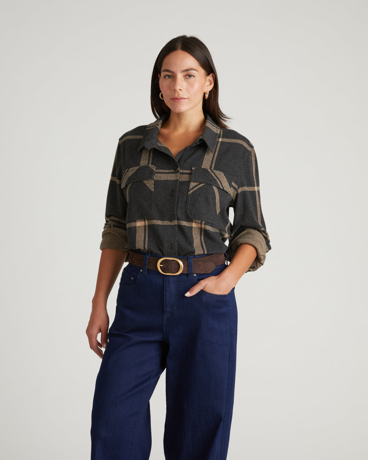 Maine Stretch Flannel Shirt - Mushroom Cap Plaid | Plus Size & Straight Size Women's Fashion | Universal Standard