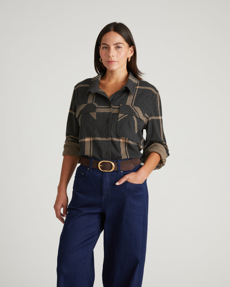 Maine Stretch Flannel Shirt - Mushroom Cap Plaid | Plus Size & Straight Size Women's Fashion | Universal Standard