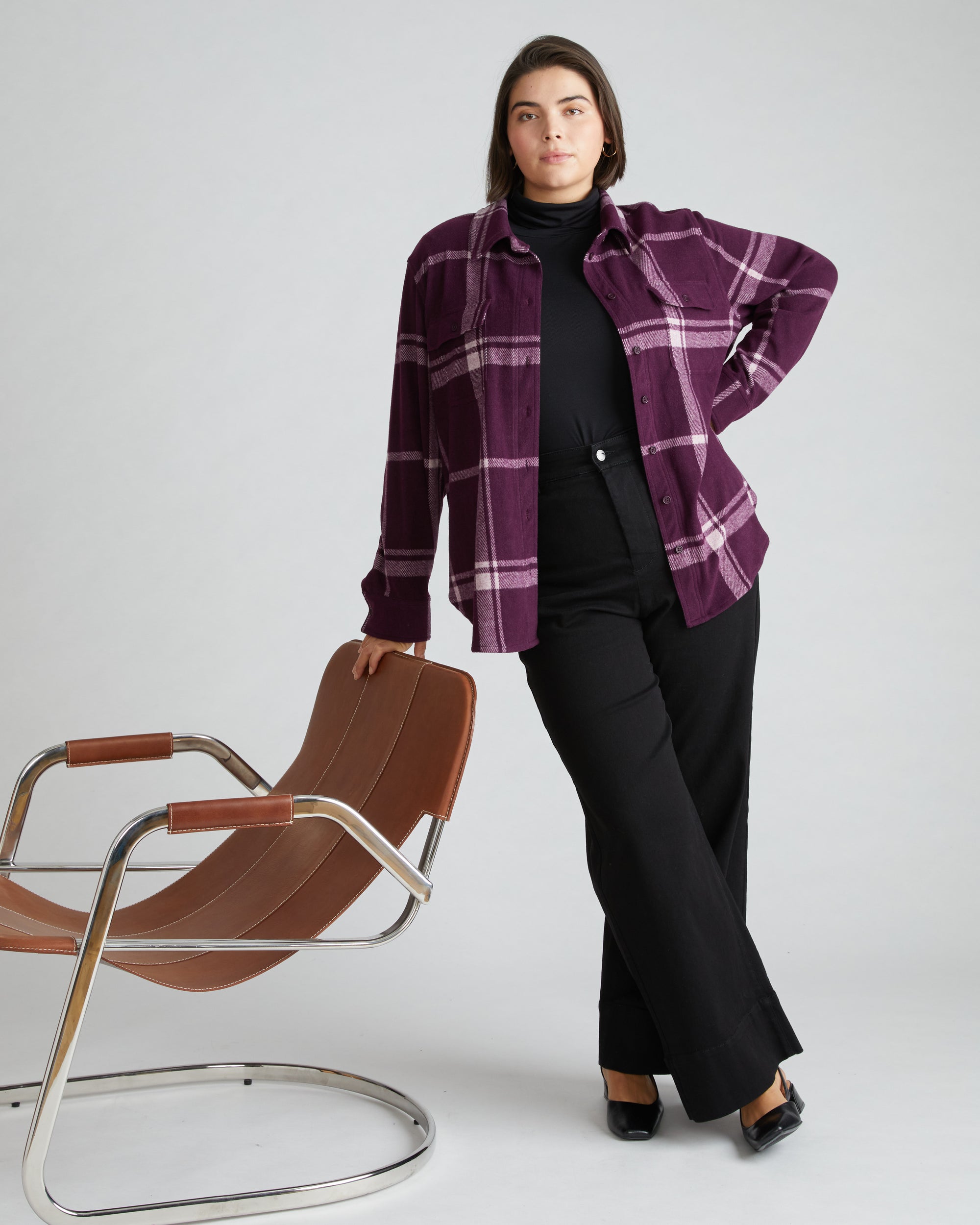 Woman wearing Maine Stretch Flannel Shirt - Jam Plaid from Overstock Sale