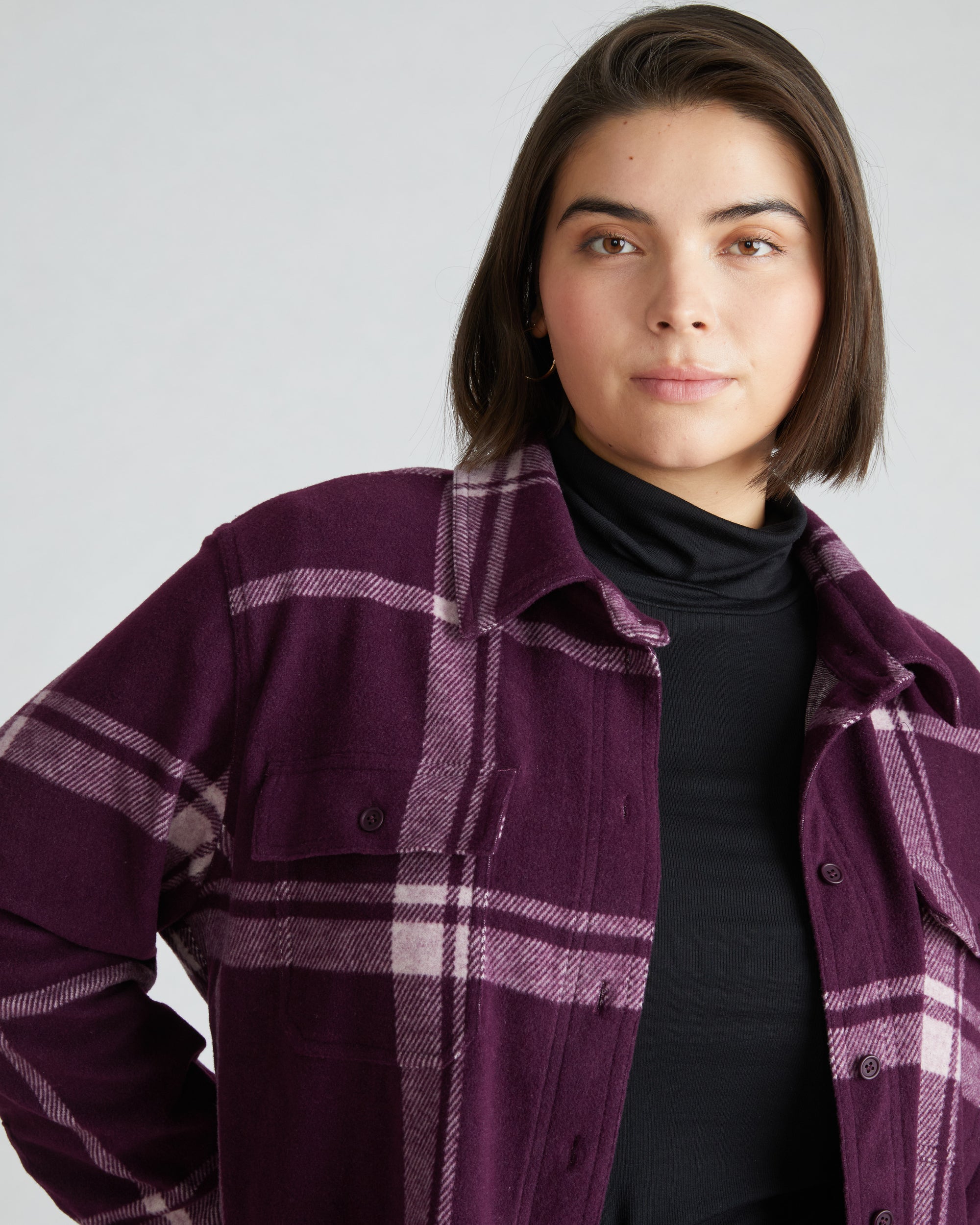 Woman wearing Maine Stretch Flannel Shirt - Jam Plaid from Overstock Sale