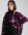Woman wearing Maine Stretch Flannel Shirt - Jam Plaid from Overstock Sale