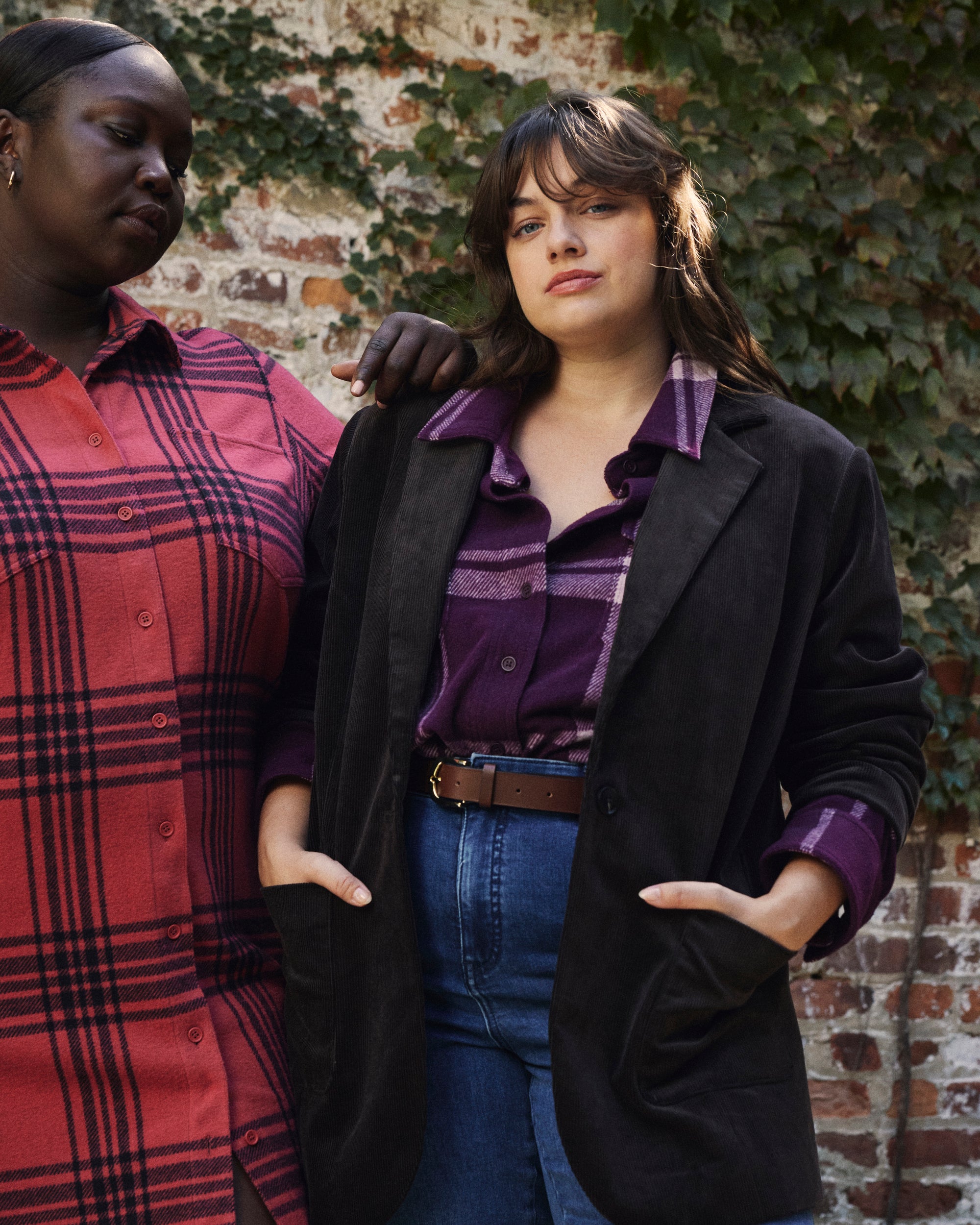 Woman wearing Maine Stretch Flannel Shirt - Jam Plaid from Overstock Sale