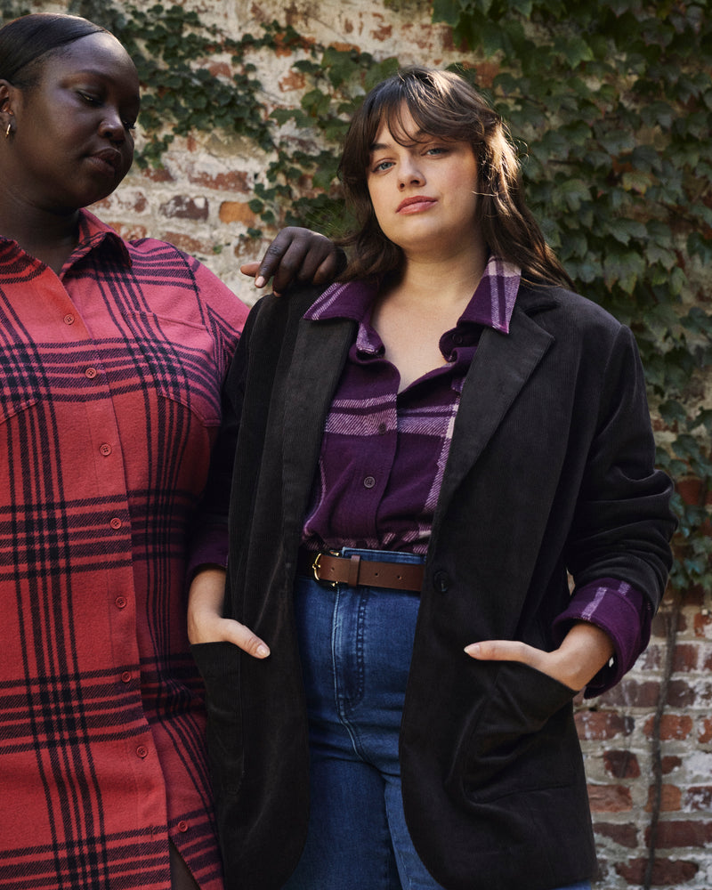 Woman wearing Maine Stretch Flannel Shirt - Jam Plaid from Overstock Sale