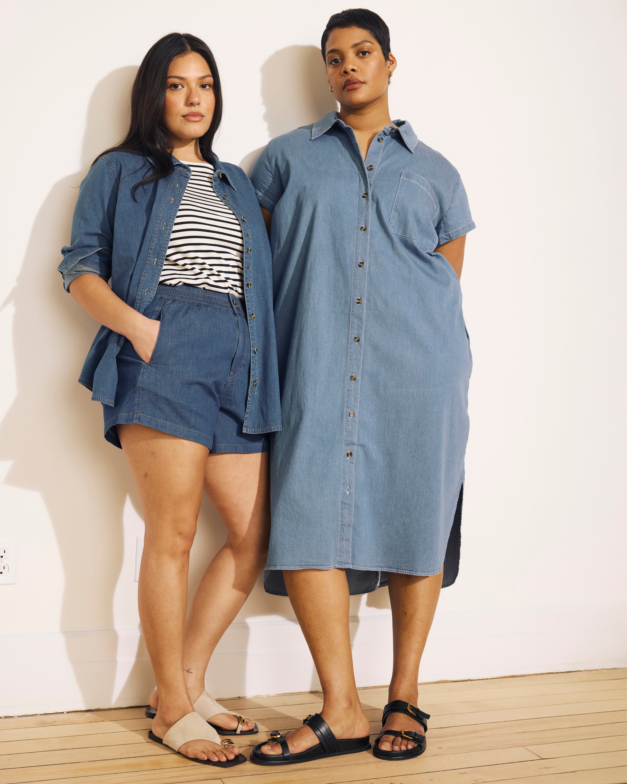 Woman wearing Minimalist Stretch Cotton Chambray Shirt - Orion Blue from Universal Standard