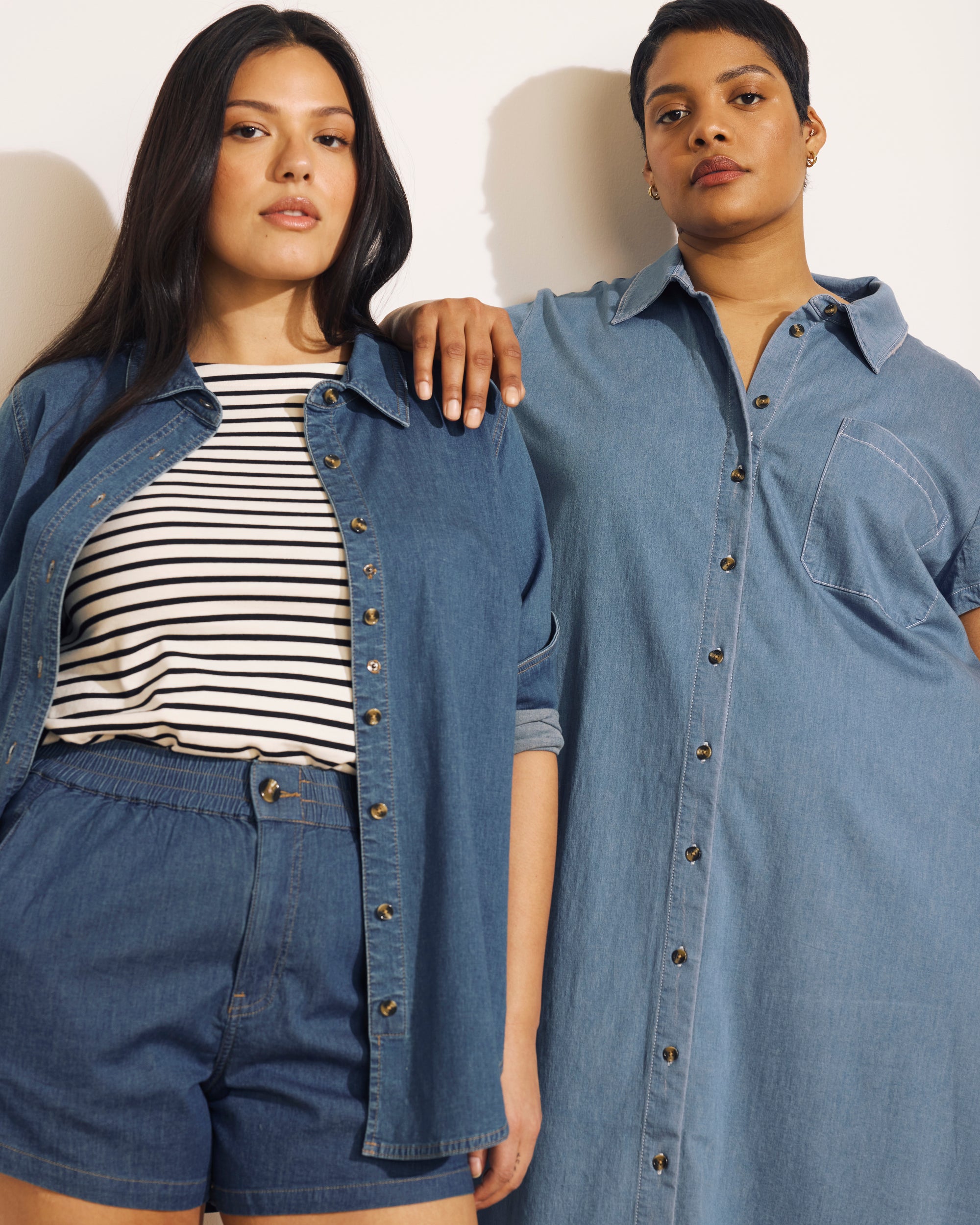 Woman wearing Minimalist Stretch Cotton Chambray Shirt - Orion Blue from Universal Standard