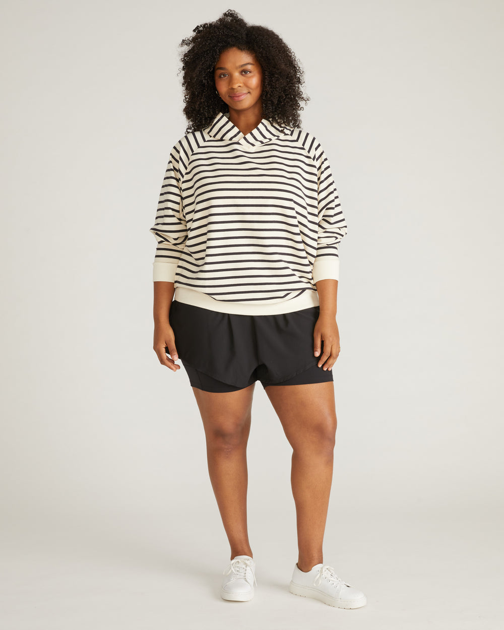 French Terry Pullover Hoodie - Ecru/Black Stripe
