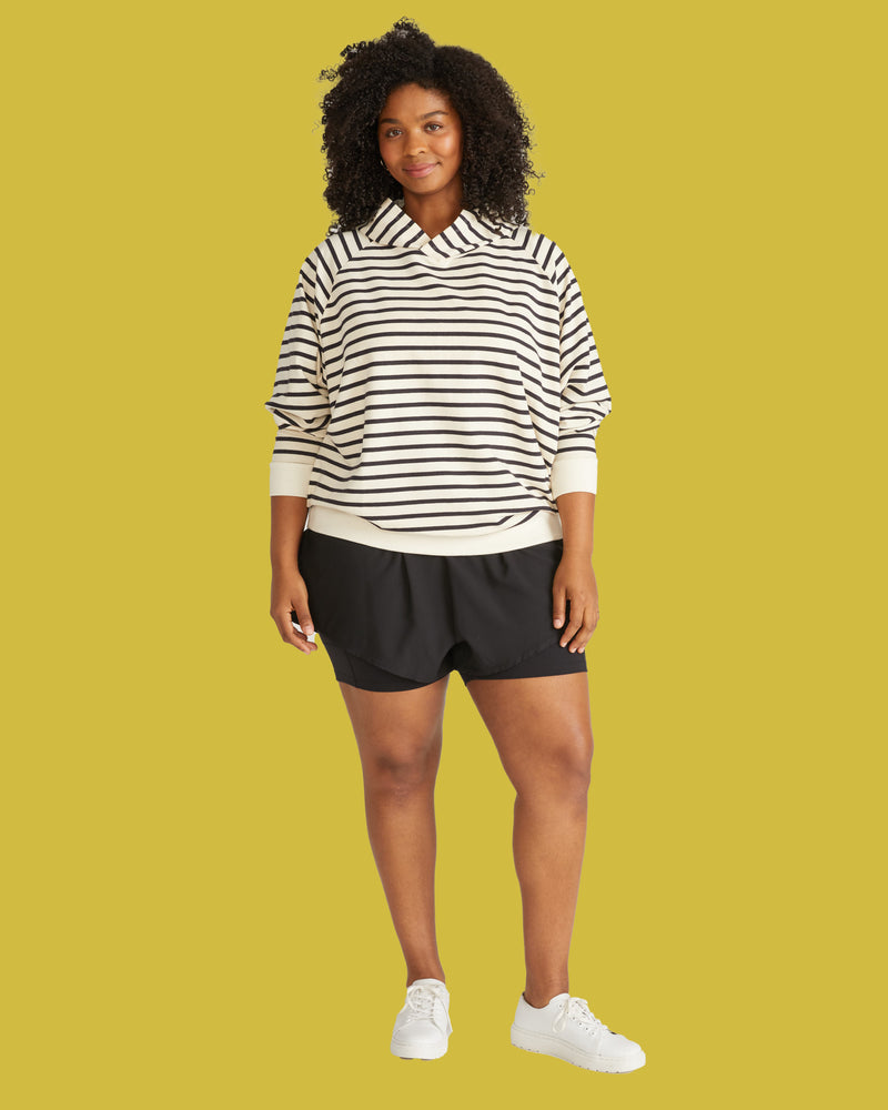 French Terry Pullover Hoodie - Ecru/Black Stripe