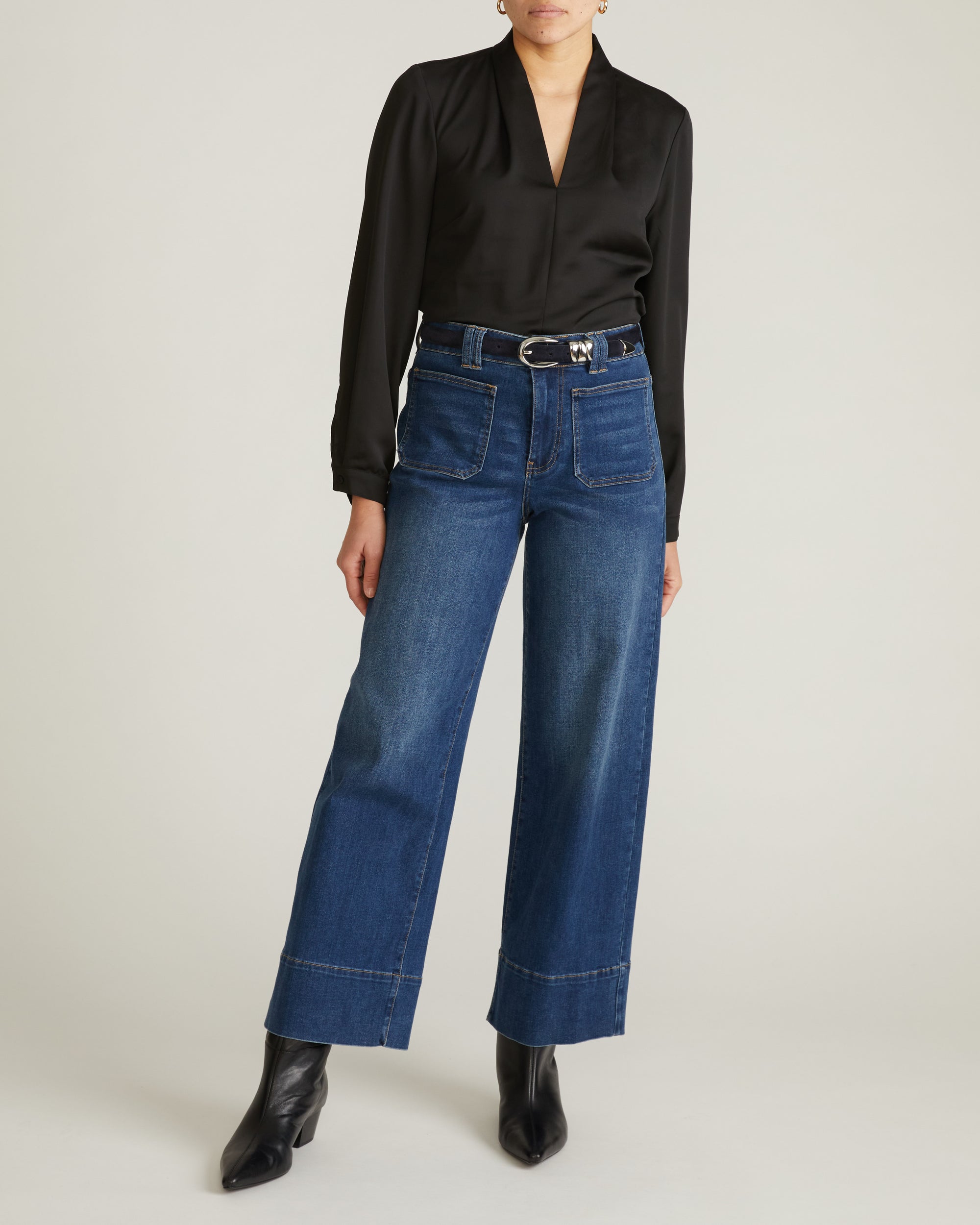 Woman wearing Georgette Satin Cambria Blouse - Black from Universal Standard