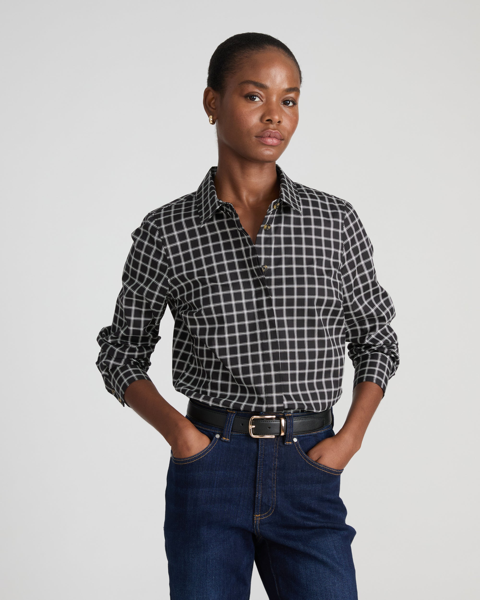 Elbe Stretch Poplin Shirt Classic Fit - Black Windowpane Check | Plus Size & Straight Size Women's Fashion | Universal Standard
