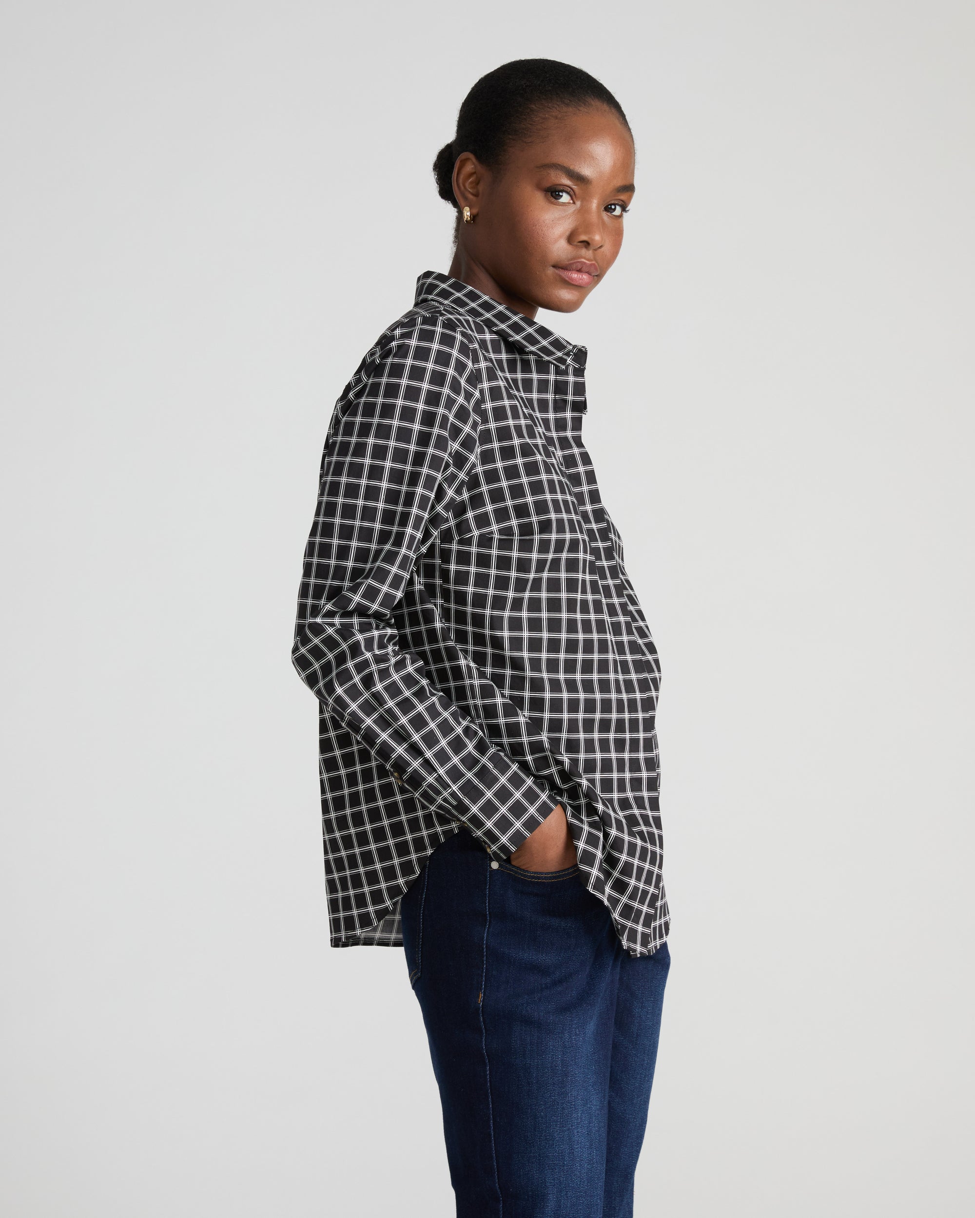 Elbe Stretch Poplin Shirt Classic Fit - Black Windowpane Check | Plus Size & Straight Size Women's Fashion | Universal Standard