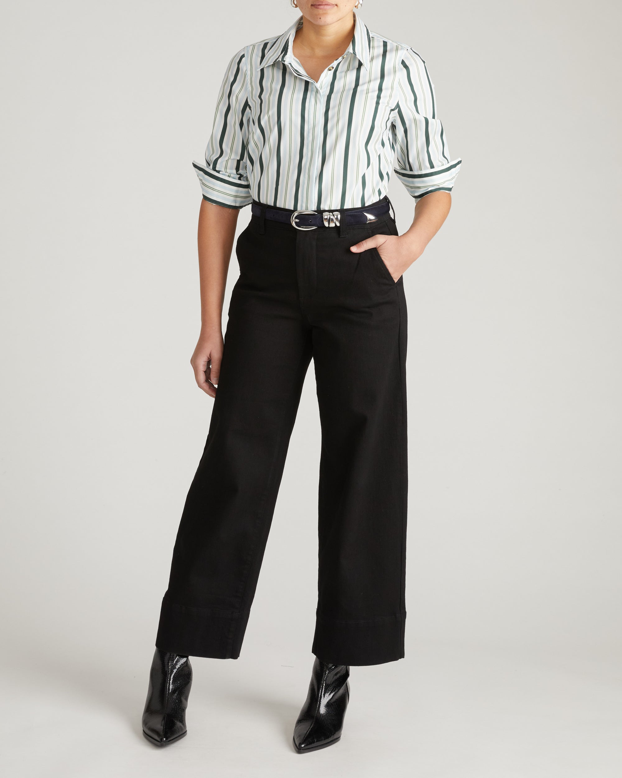 Elbe Stretch Poplin Shirt Classic Fit - Forest Green Multi Stripe