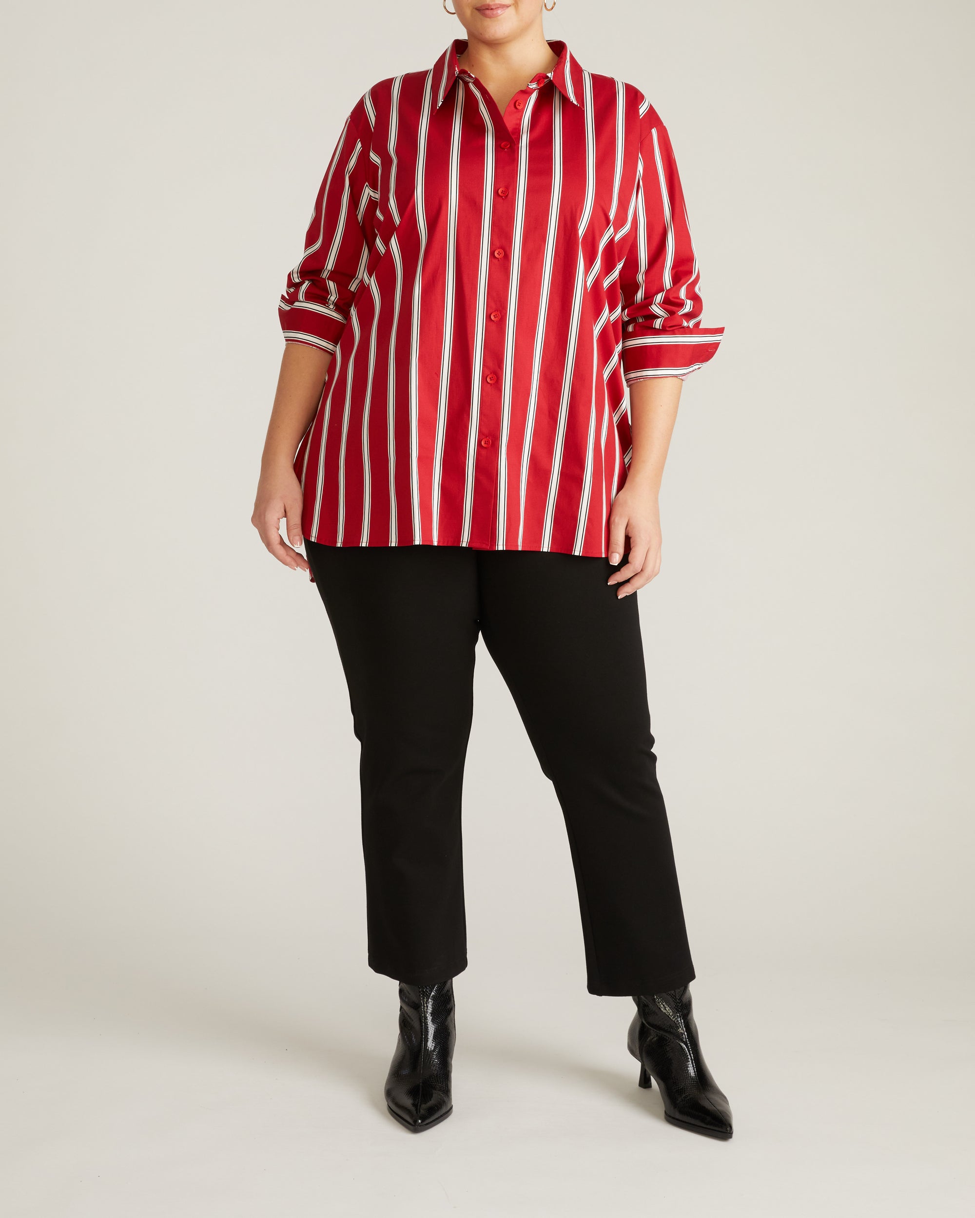 Woman wearing The Artist Poplin Shirt - Red/Black/White Stripe from Universal Standard