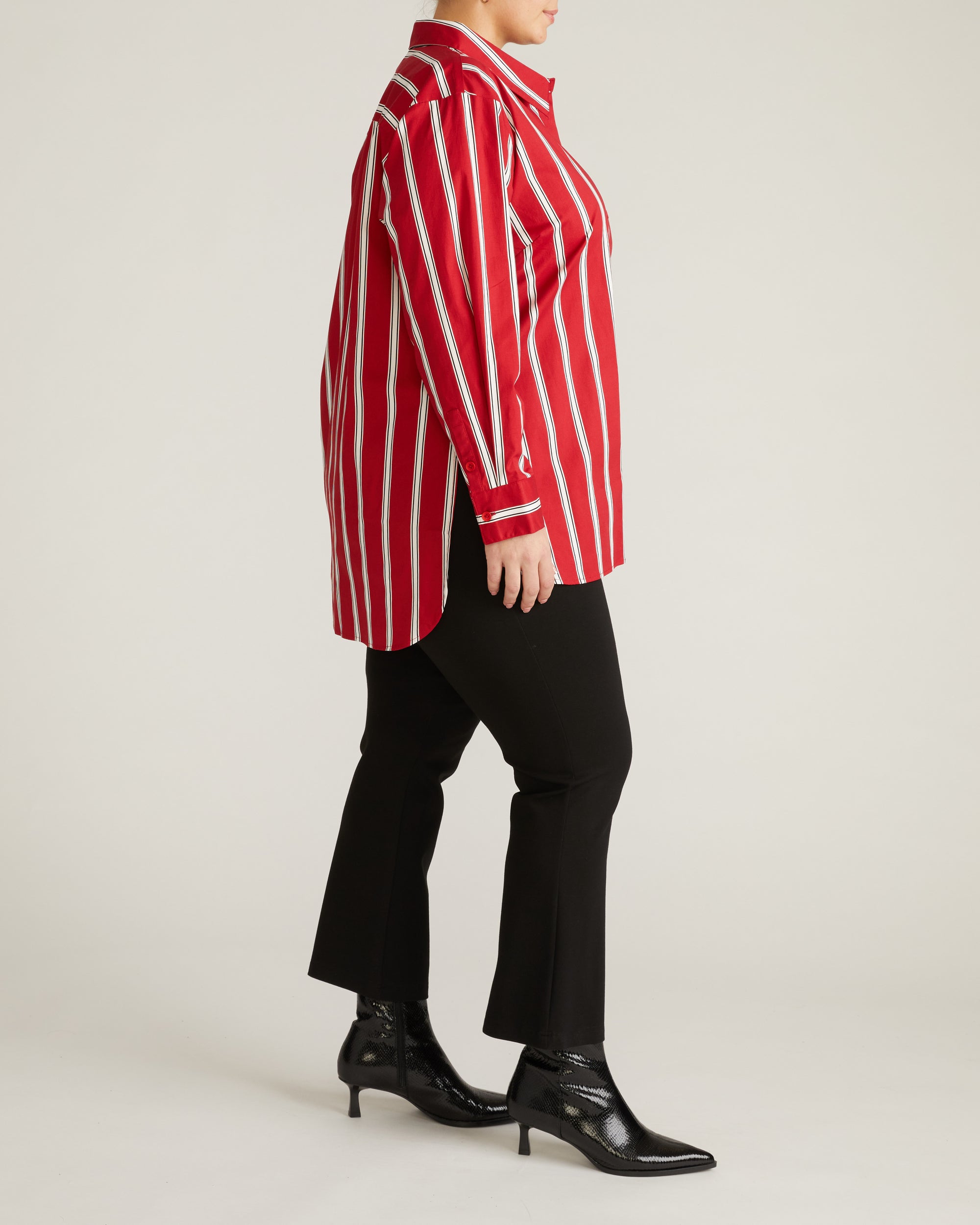 Woman wearing The Artist Poplin Shirt - Red/Black/White Stripe from Universal Standard