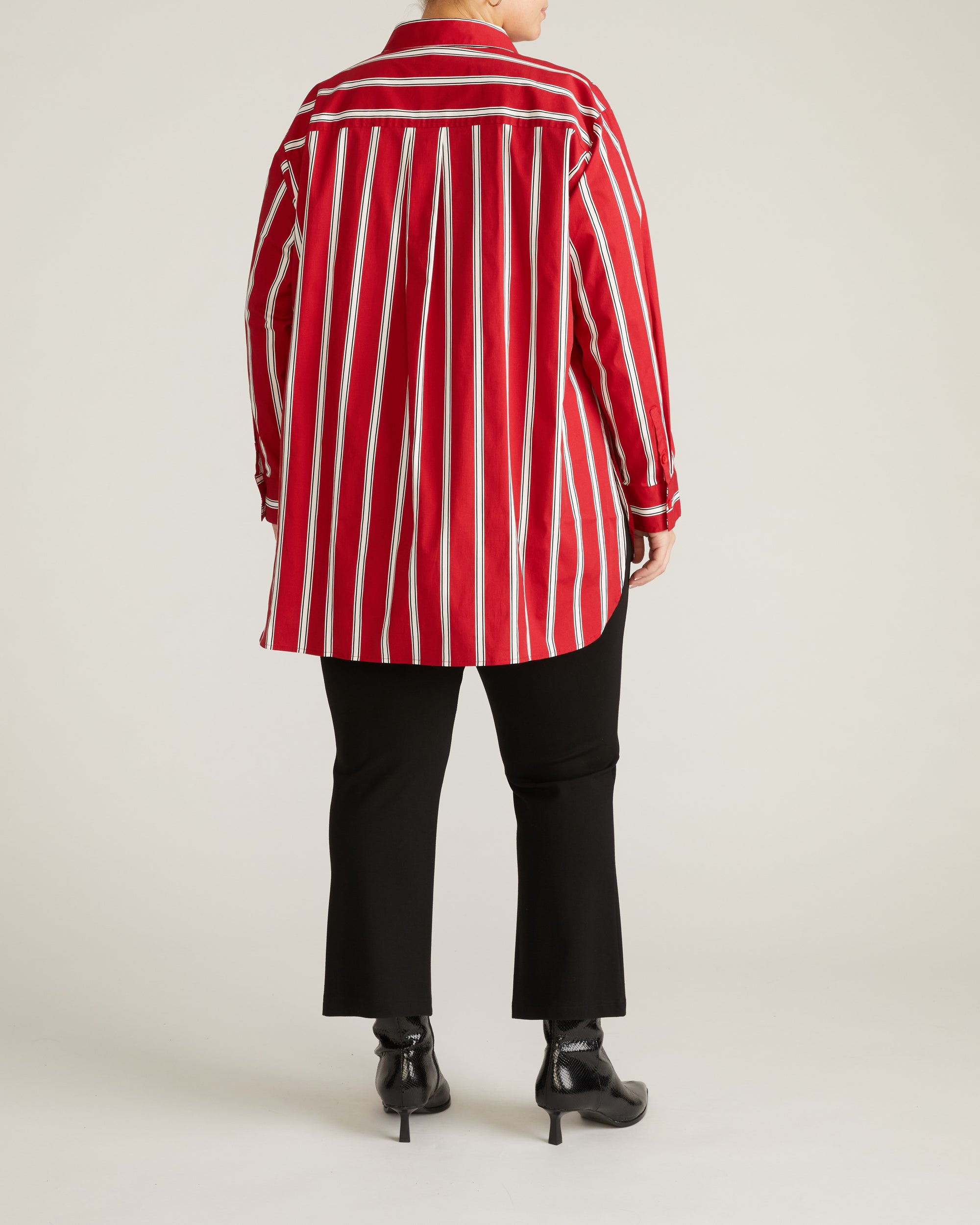 Woman wearing The Artist Poplin Shirt - Red/Black/White Stripe from Universal Standard