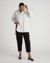 Woman wearing The Artist Poplin Shirt - White/Grey Stripe from Overstock Sale