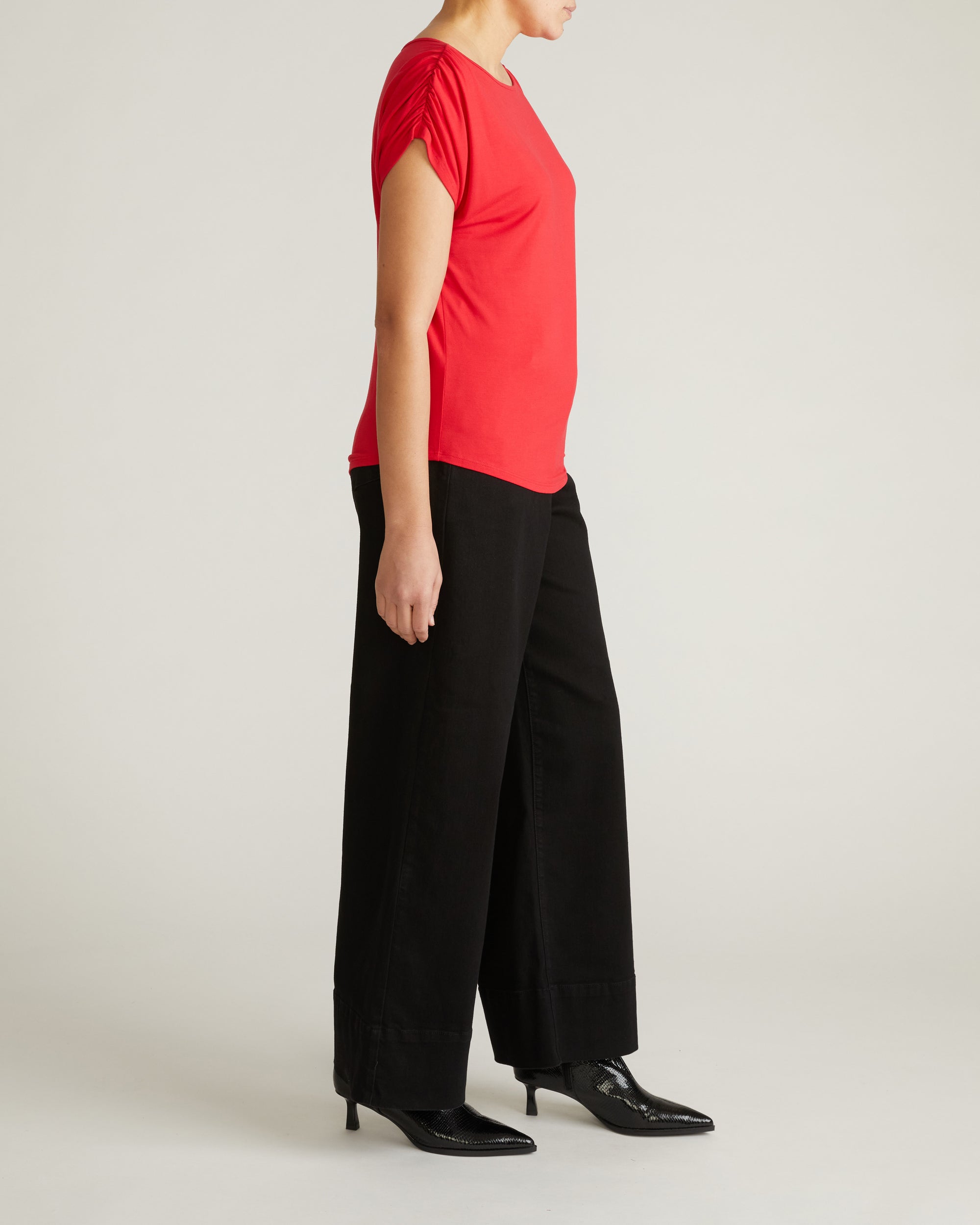 Woman wearing Helena Divine Jersey Gathered Tee - Lipstick from Universal Standard