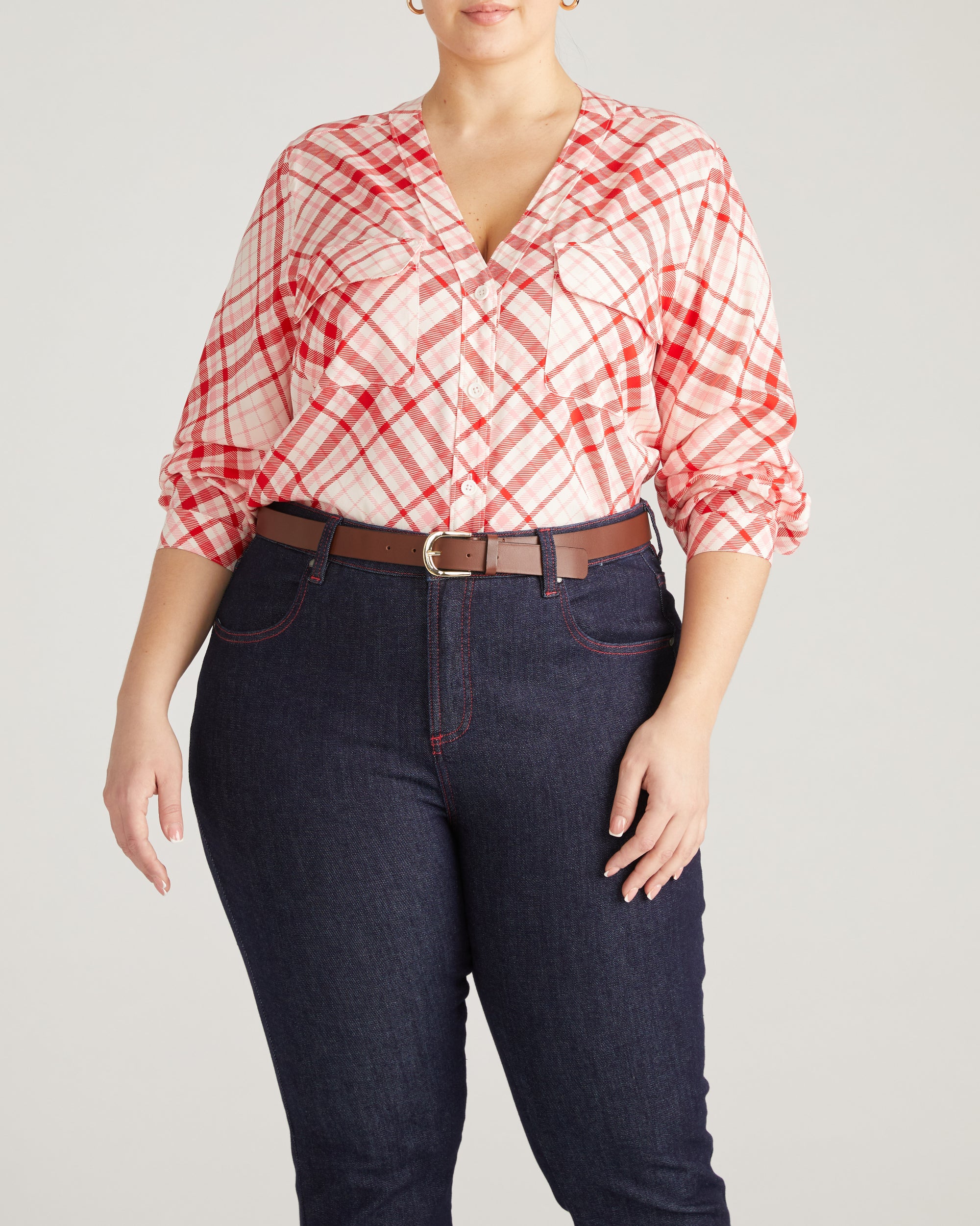 Cooling Stretch Cupro Button-Down Blouse - Red Plaid Print