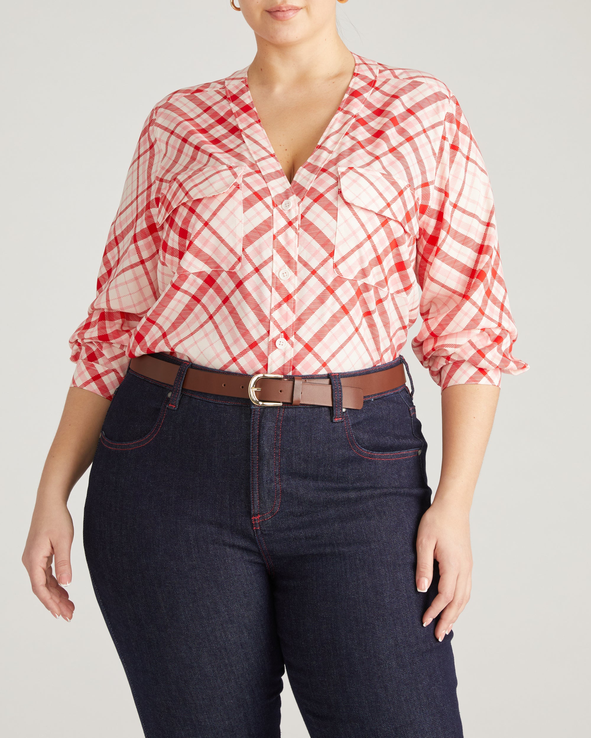 Cooling Stretch Cupro Button-Down Blouse - Red Plaid Print