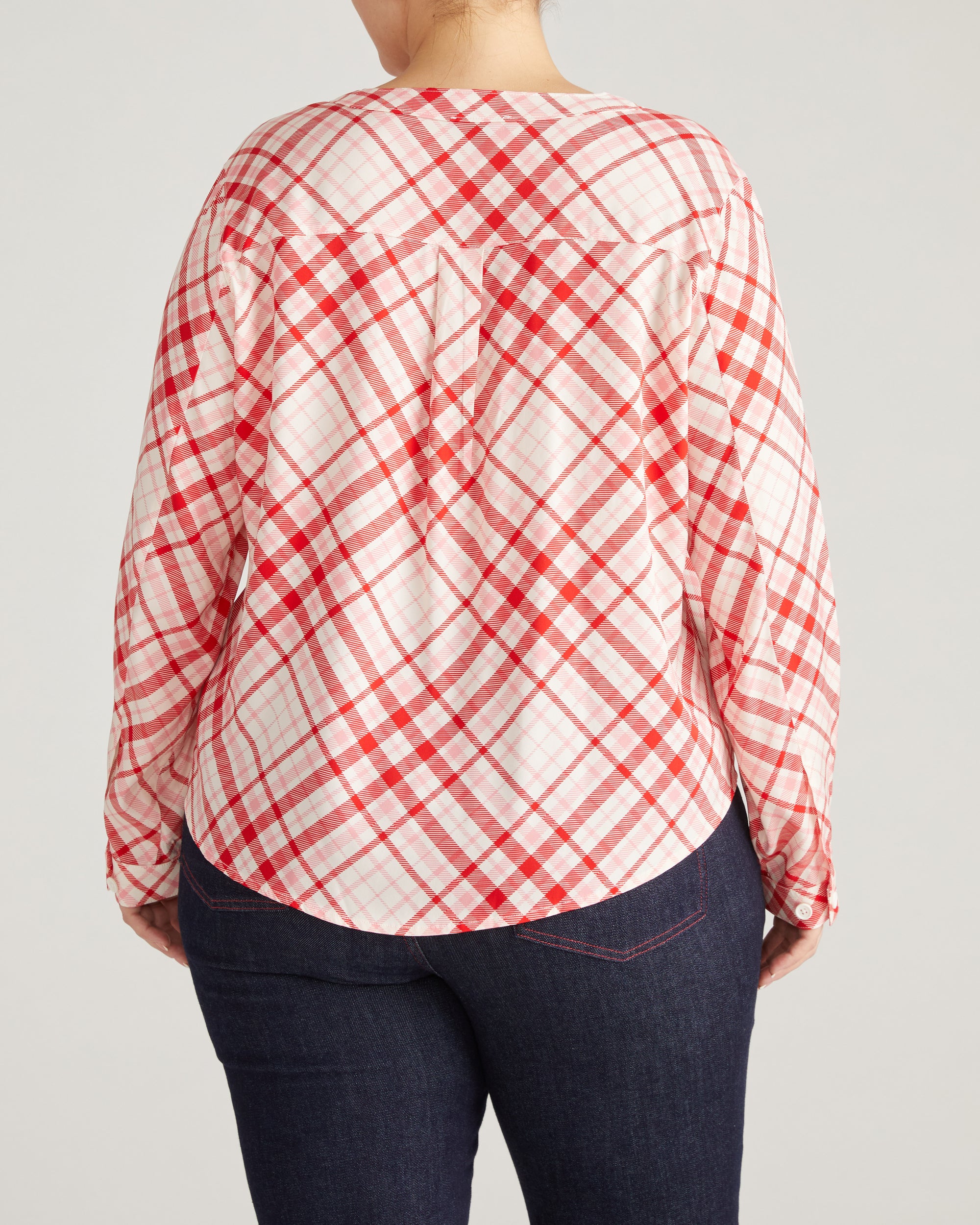Cooling Stretch Cupro Button-Down Blouse - Red Plaid Print