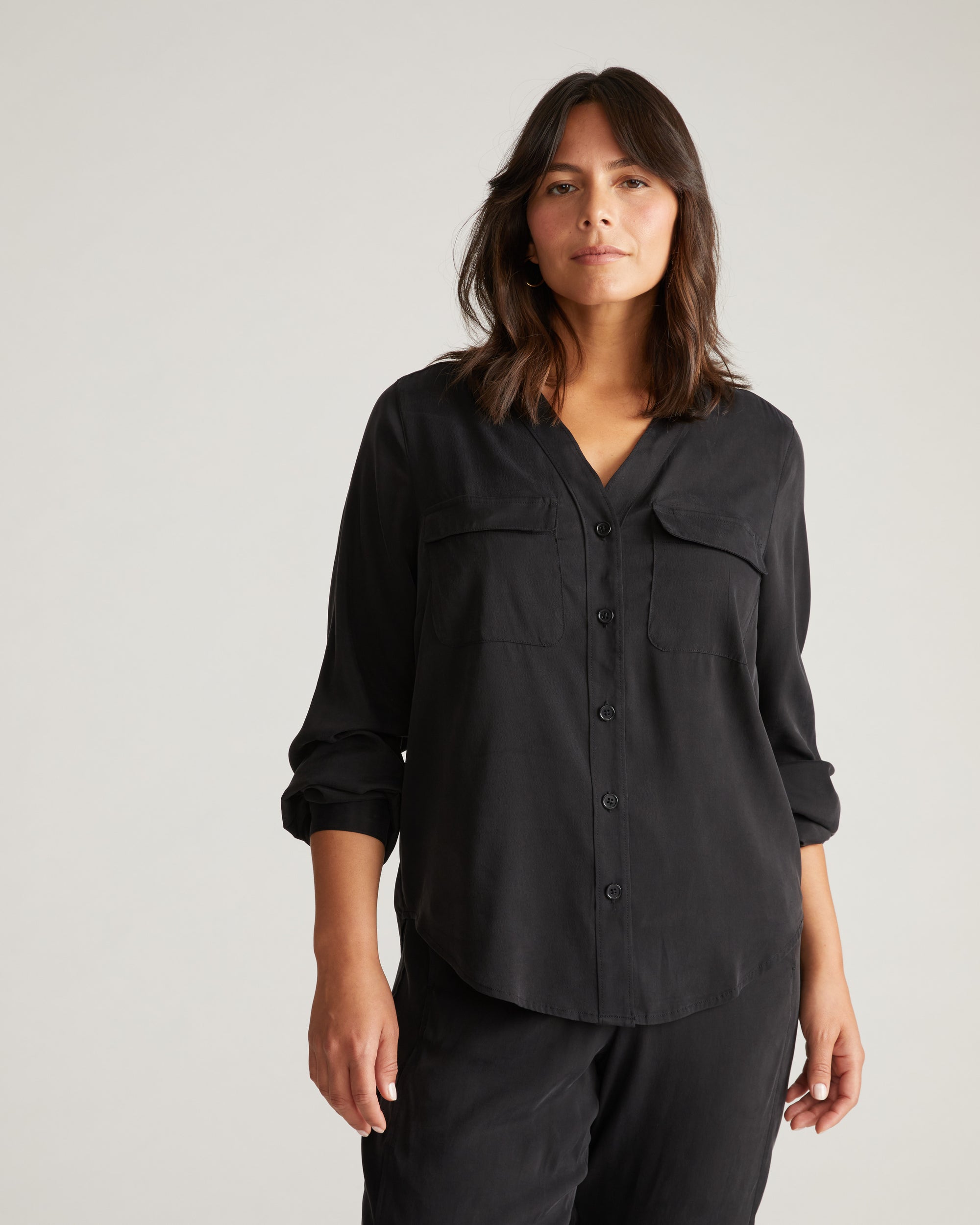 Cooling Stretch Cupro Button-Down Blouse - Black