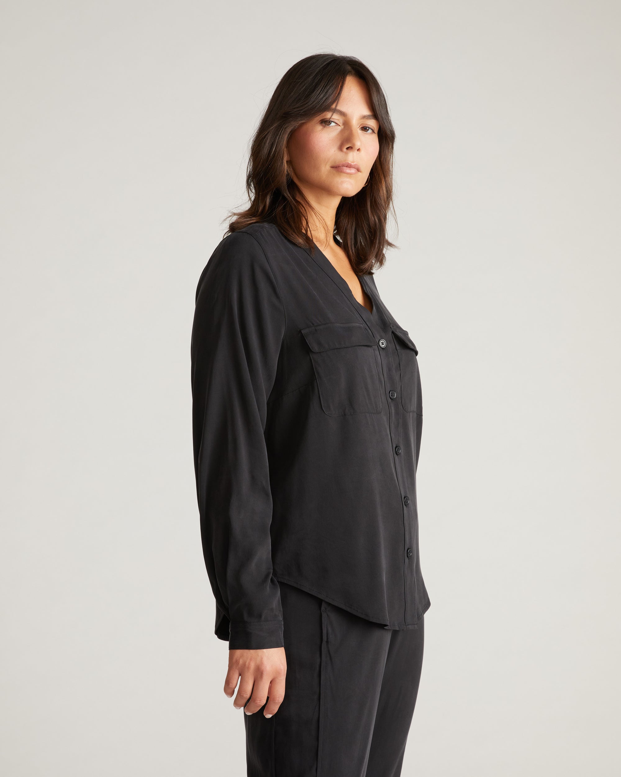 Cooling Stretch Cupro Button-Down Blouse - Black
