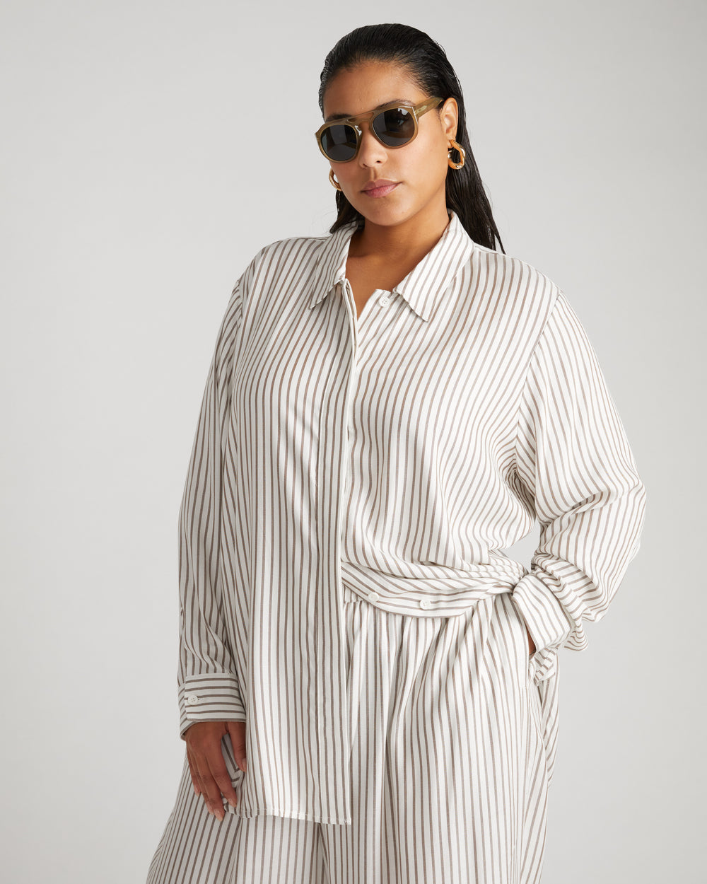 Toni Hi Low Tunic - White/Beige Stripe