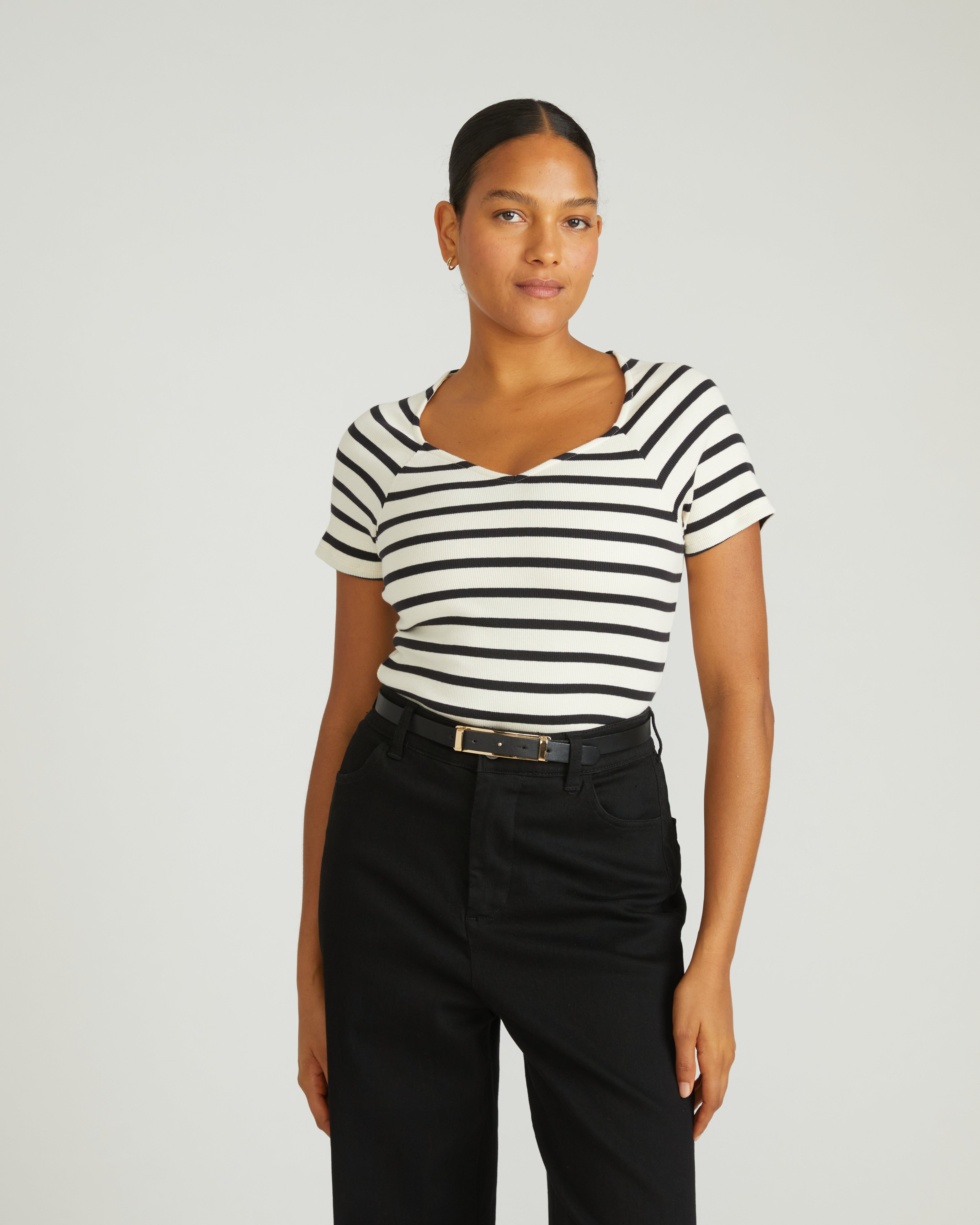 Carey Ribbed Top - Ecru/Black Stripe