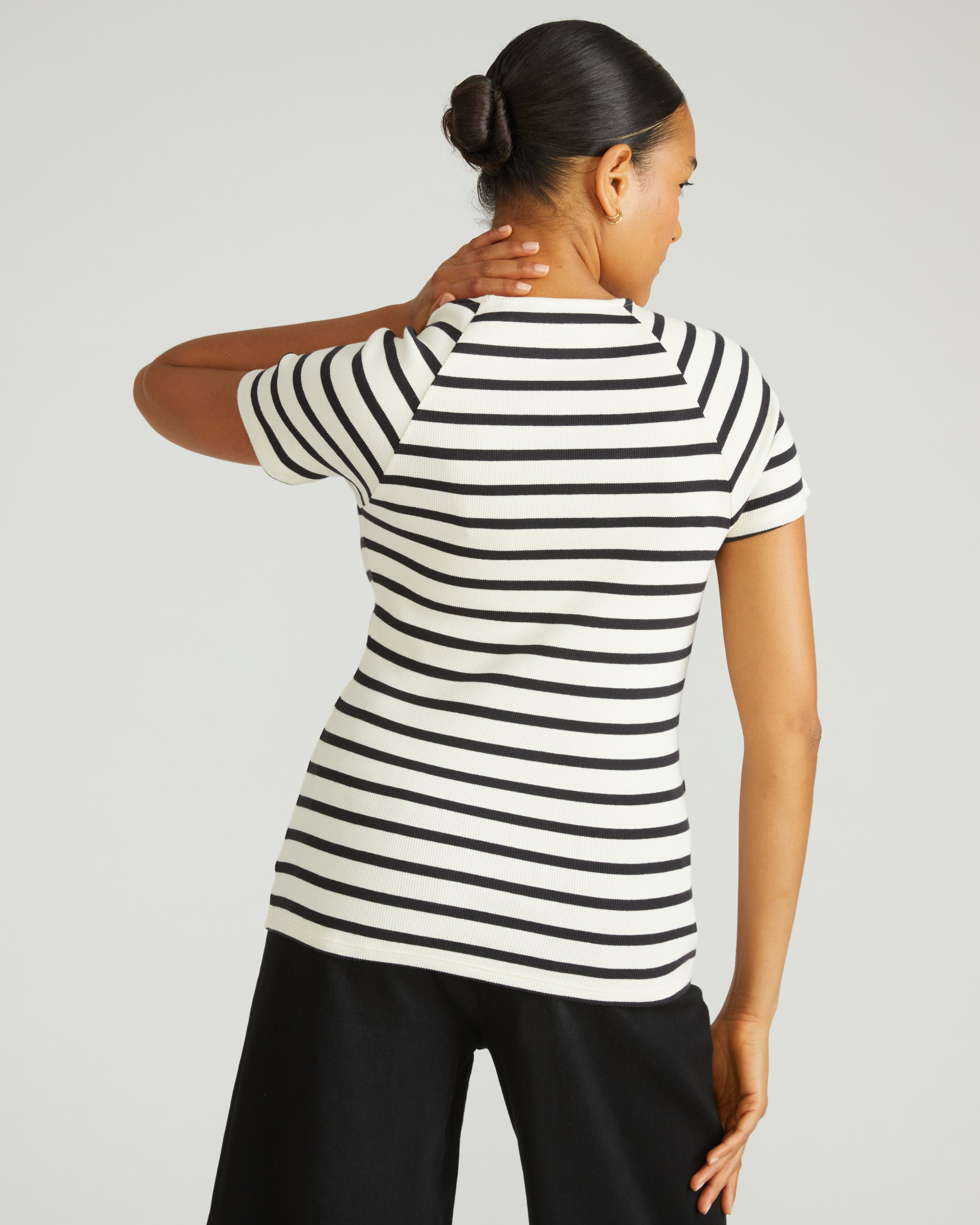 Woman wearing Carey Ribbed Sweetheart Tee - Ecru/Black Stripe from Universal Standard