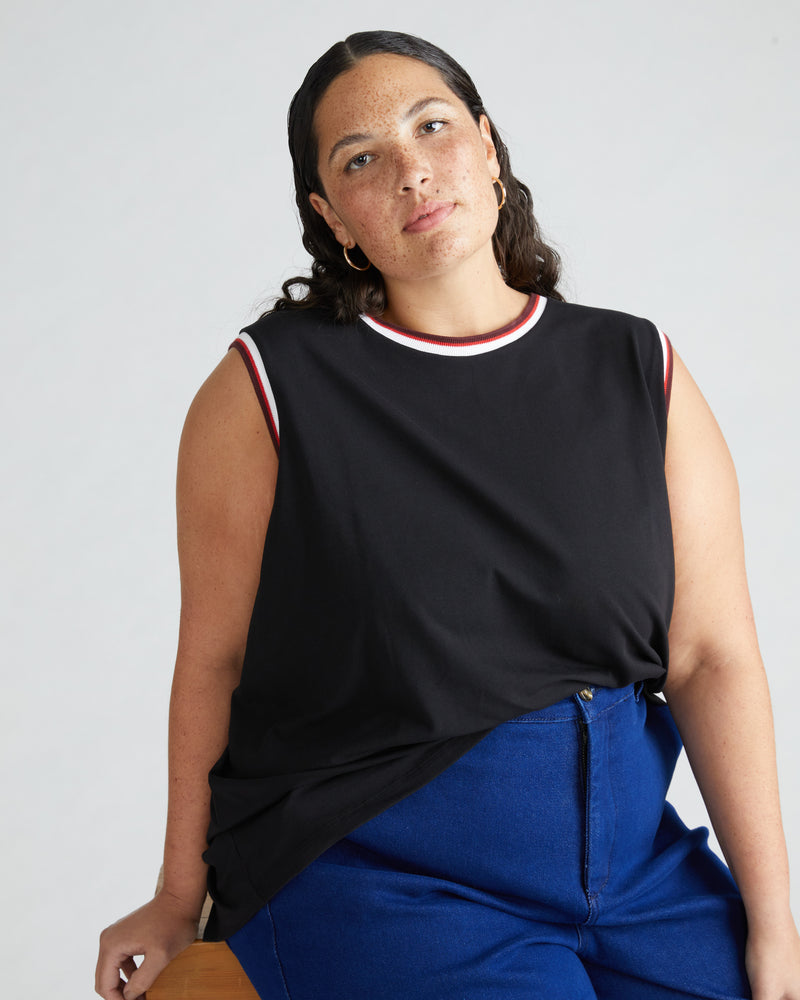 Patti Muscle Tank - Black/Striped Trim
