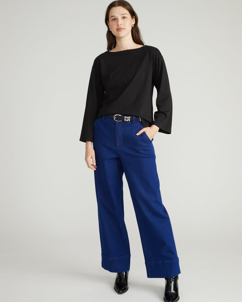 Montauk Breton Stripe Bell Sleeve Top - Solid Black