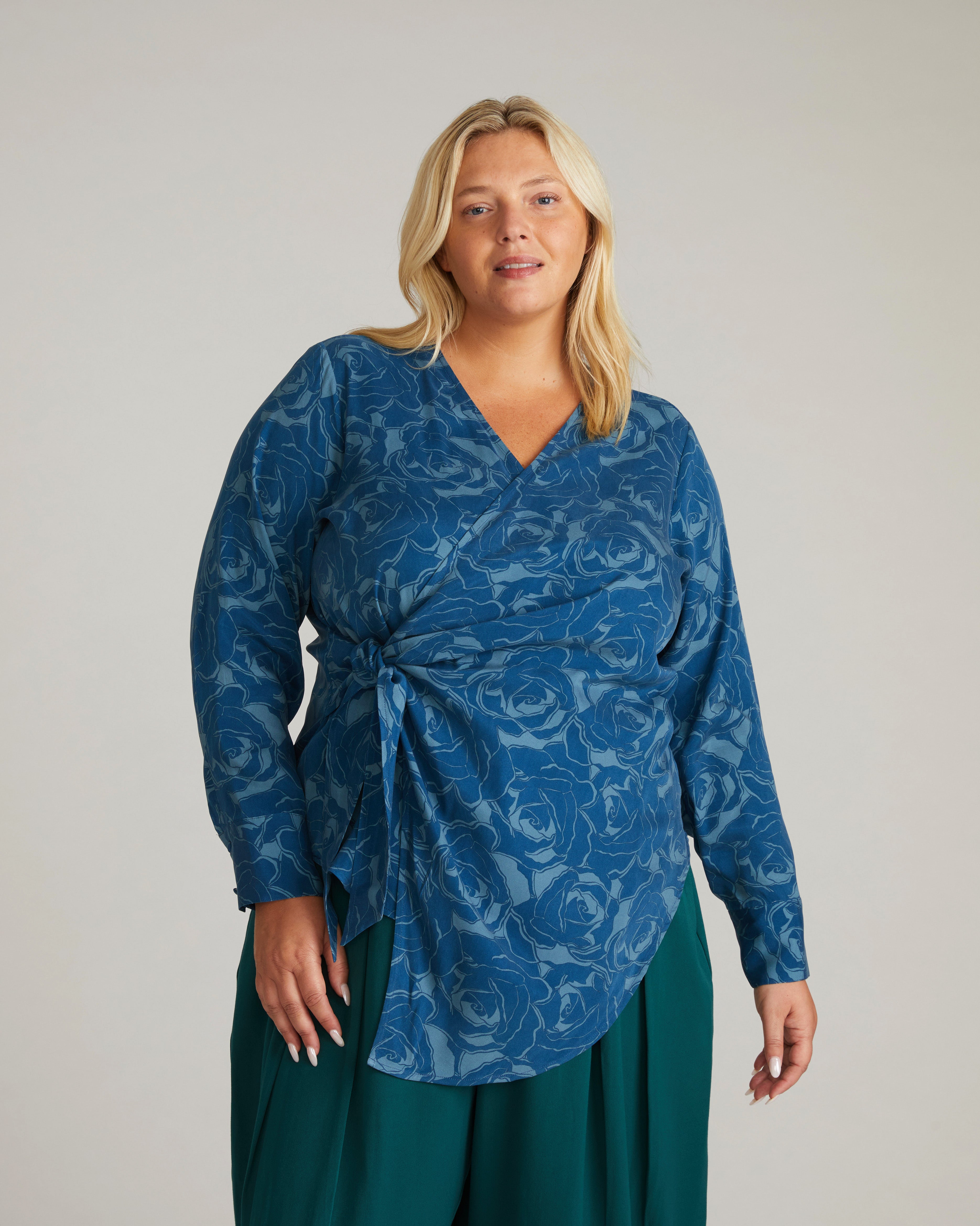 Beacon Stretch Cupro Wrap Shirt - Rose Print in Deep Teal